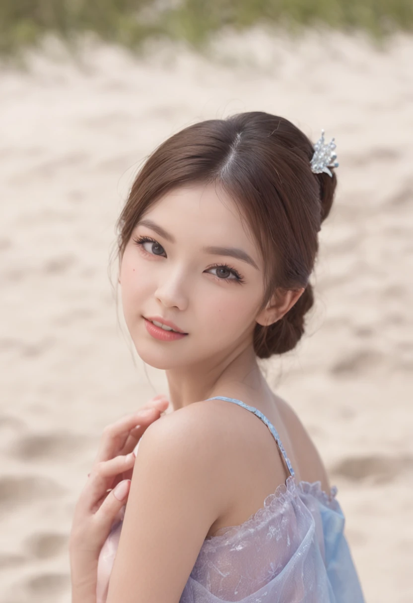 A beautiful maiden standing on the beach，She has fair skin，Brunette playful，Wear a delicate bra，Peerless beauty，Pink and purple blending，Big eyes and long eyelashes，Perfect double eyelids，Perfect eyebrow shape，Fine lashes，Cute red lips，When he smiled slightly, two small dimples appeared on his cheeks，Delicate collarbones，Pure lust，Princess temperament，full body pov，Sunlight shines，Pristine white sand，Ocean blue waves，with blue sky and white clouds，Strong sense of atmosphere，High-quality masterpieces，Pure realism style，Brilliant light and shadow，Good lighting，4k画质，A masterpiece。