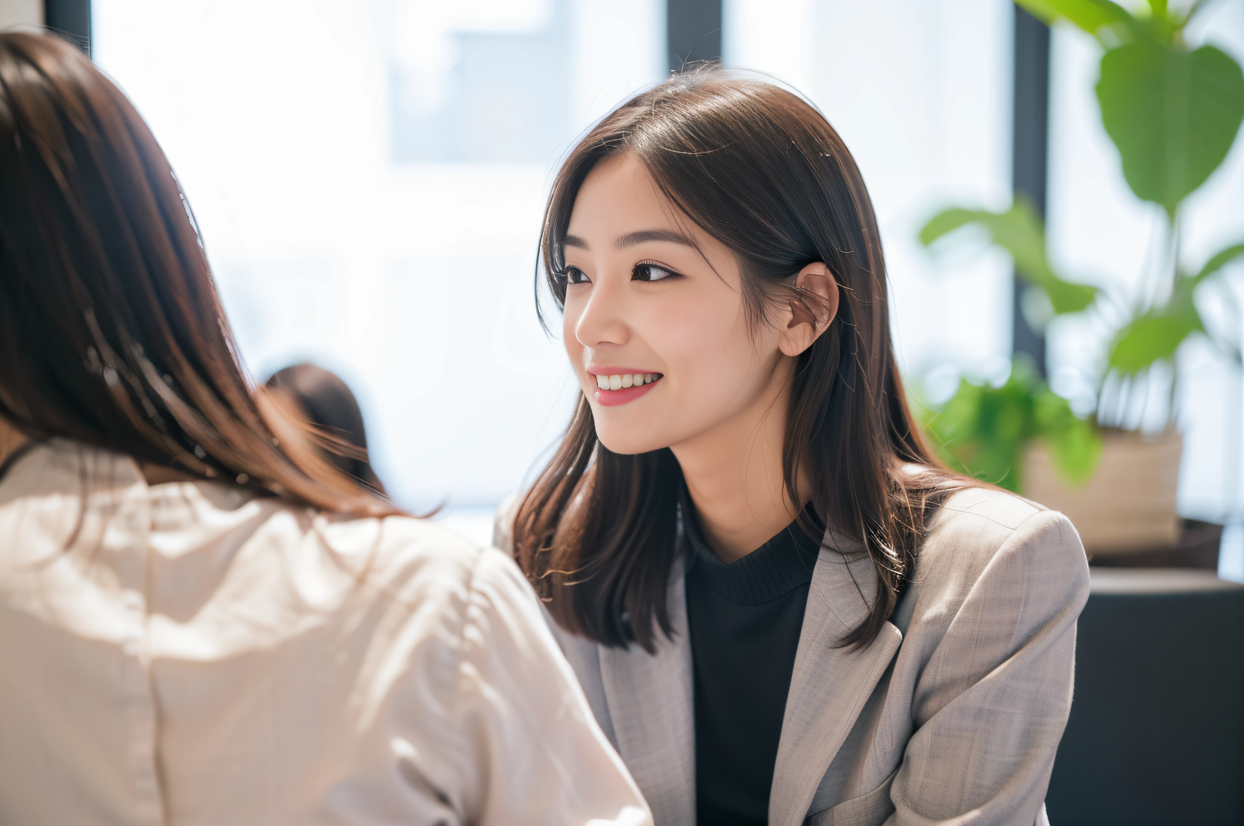 Beautiful woman having a meeting with a smile、meeting room、tight suits、A smile、houseplant、Bokeh、Tight Focus、XF35mmf1.2 lens