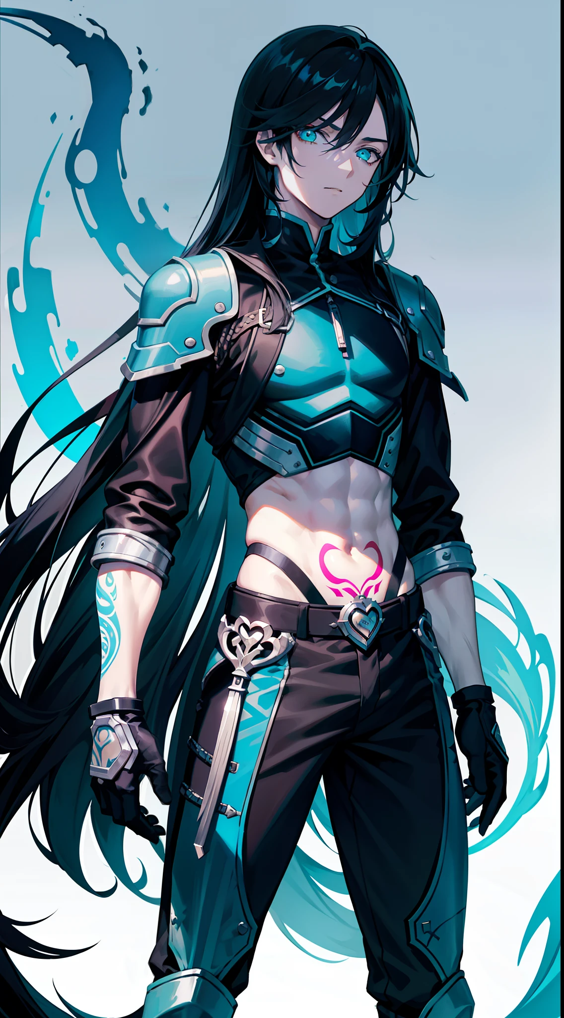Young man, Long black hair, Cyan eyes, Tatoo, open torso, breeches, Iron hands, tmasterpiece, hiquality