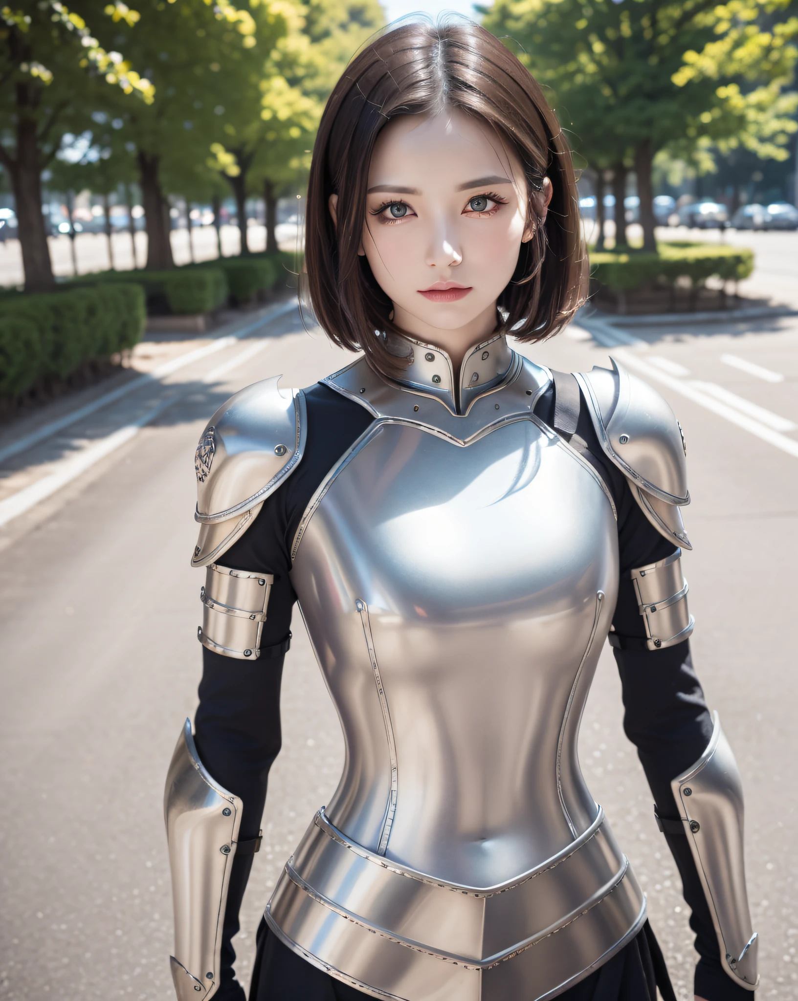 (masterpiece, best quality),(extremely intricate:1.3), (realistic), 1girl, milf, caucasian, green eyes, perfect eyes, perfect iris, perfect pupils, perfect lips,perfect nose, perfect hands, very detailed hands, perfect fingers, black hair, short hair, straight hair, small braid in her hair, (medieval armor), metal reflections, (((silver armor))), outdoors, far away castle, (ornately decorated armor), (insanely detailed, bloom:1.5), chainmail, intense sunlight, professional photograph of a stunning woman detailed, sharp focus, award winning, cinematic lighting, blurry background, upper body, ((confident)), (Pose:looking at the camera),mecha