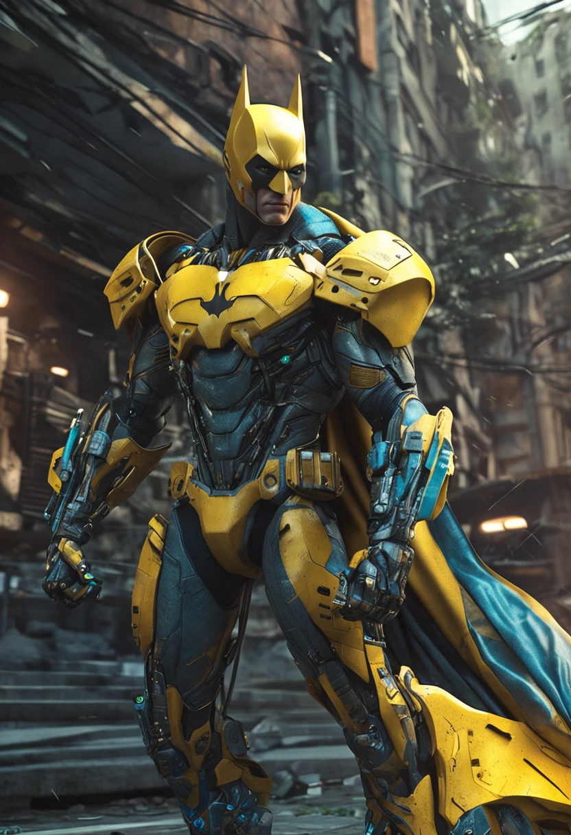 Um batman verde, amarelo e azul, brasileiro, realistic in a titanium cybernetic suit, detalhado, designe perfeito, alta qualidade arestas perfeitas e simetricas ::n_desenho de estilo, Low-quality imperfection, boneco, jogo, anime