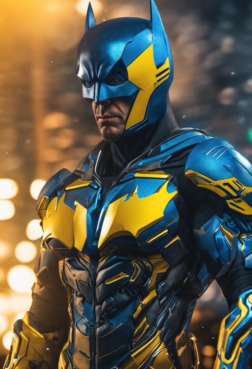 Um batman verde, amarelo e azul, brasileiro, realistic in a titanium cybernetic suit, detalhado, designe perfeito, alta qualidade arestas perfeitas e simetricas ::n_desenho de estilo, Low-quality imperfection, boneco, jogo, anime