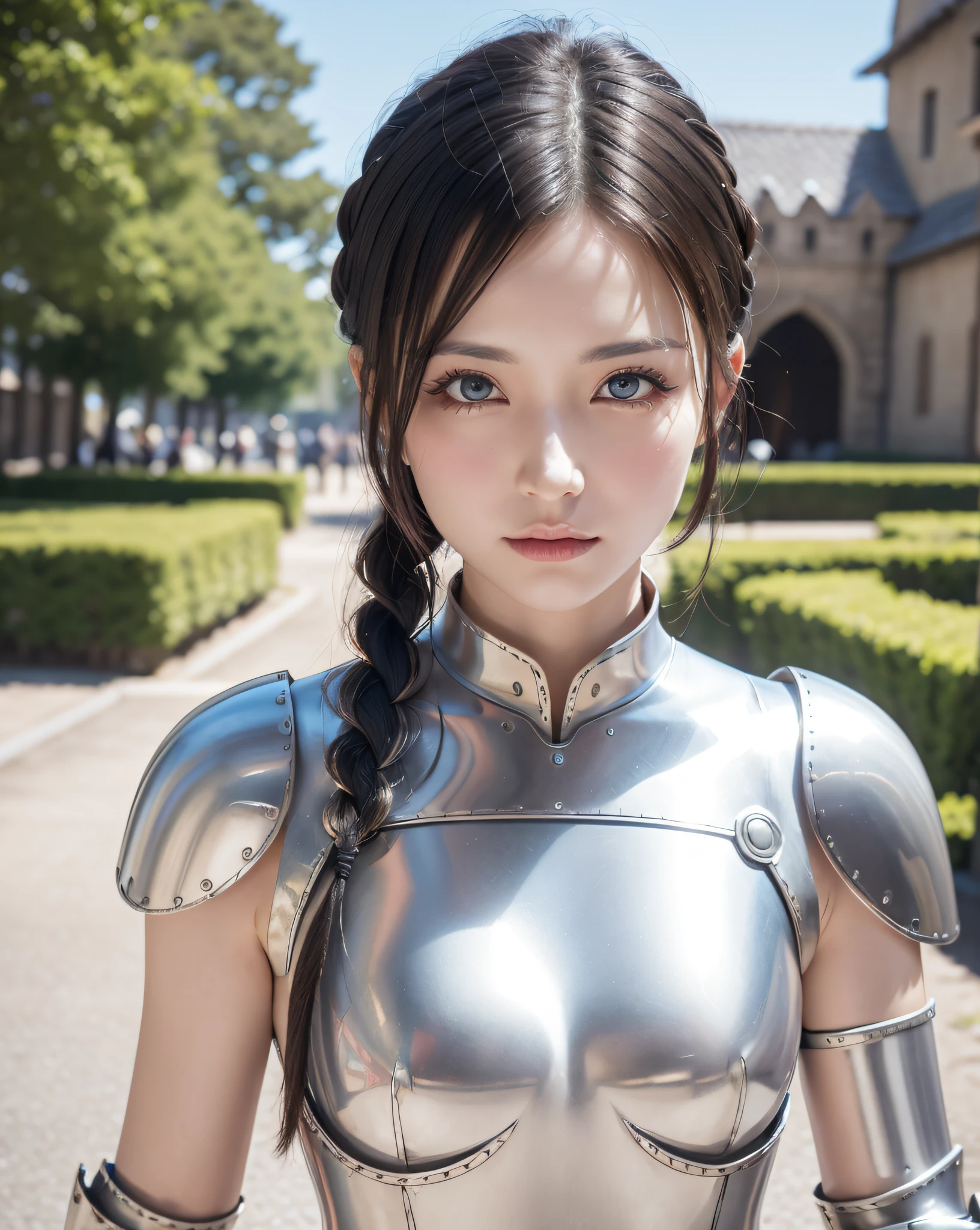 (masterpiece, best quality),(extremely intricate:1.3), (realistic), 1girl, milf, caucasian, green eyes, perfect eyes, perfect iris, perfect pupils, perfect lips,perfect nose, perfect hands, very detailed hands, perfect fingers, black hair, short hair, straight hair, small braid in her hair, (medieval armor), metal reflections, (((silver armor))), outdoors, far away castle, (ornately decorated armor), (insanely detailed, bloom:1.5), chainmail, intense sunlight, professional photograph of a stunning woman detailed, sharp focus, award winning, cinematic lighting, blurry background, upper body, ((confident)), (Pose:looking at the camera),mecha