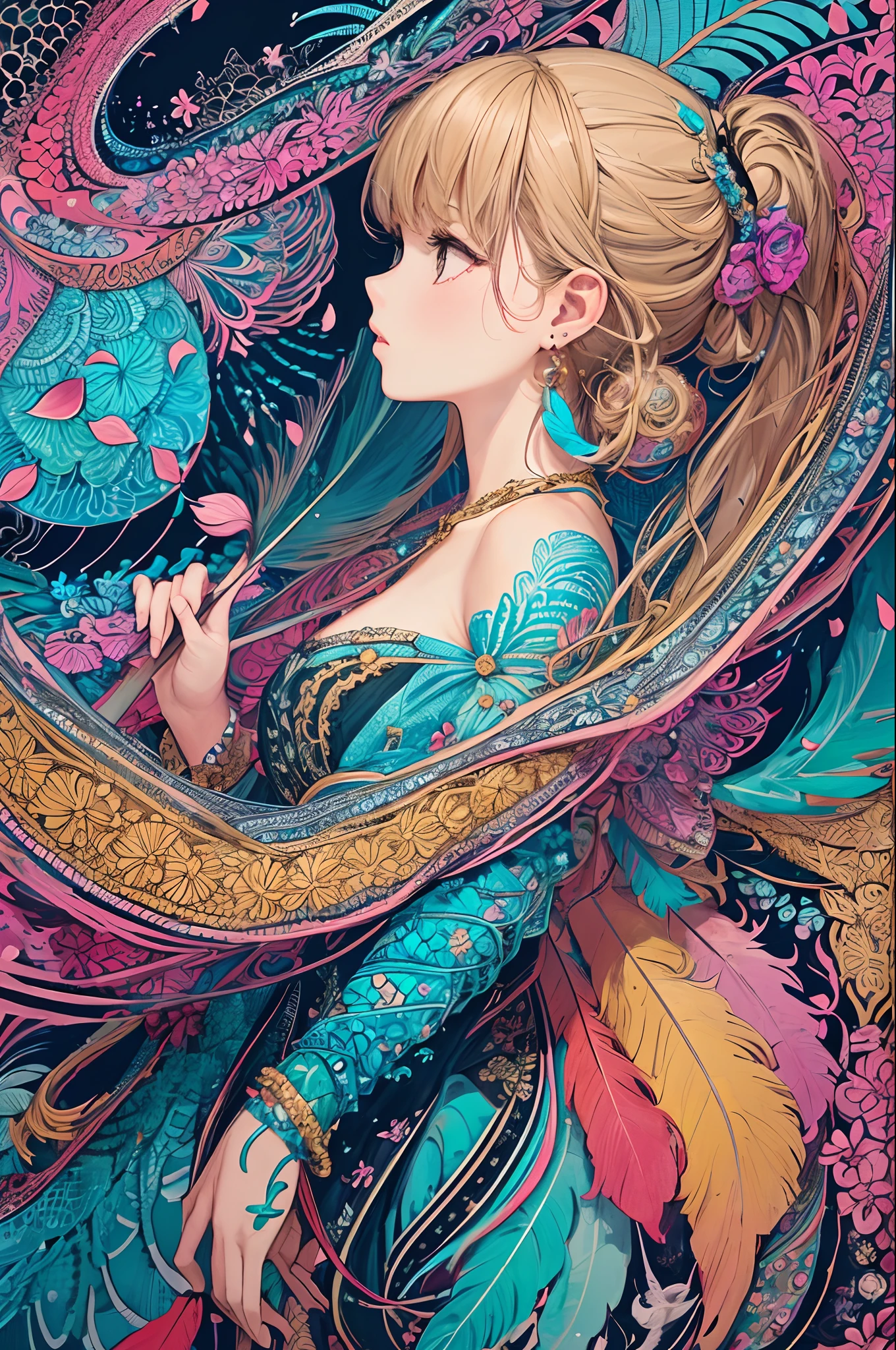 (1girl, solo, from side), extremely detailed, (abstract background, zentangle, fractal art:1.3), (many colors, colorful:1.1), (feathers, petals, flowers:1.3), dynamic pose, earrings