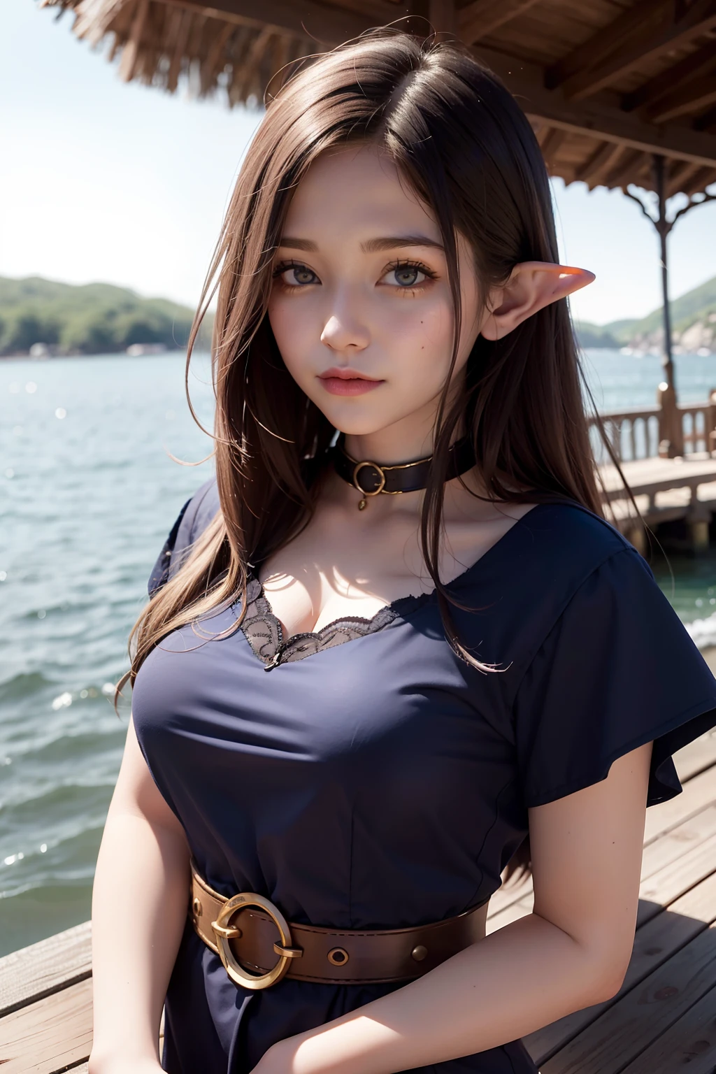 Elf girl on the pier, (alta fantasia, medieval:1.4), Feudal society, Lake Town, Waterfront, Wooden boats, Upper body, close up to face