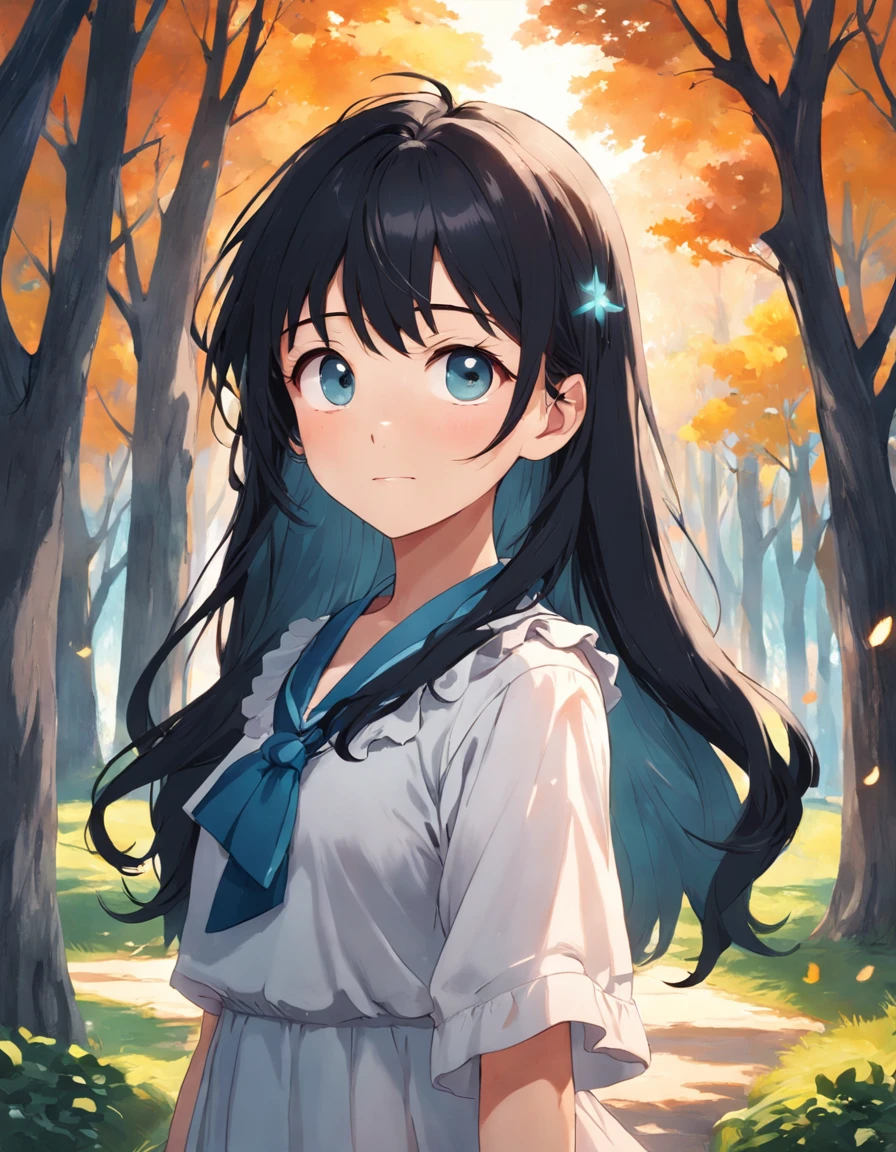 A young girl in a student outfit,Standing in a park next to a grove of trees,The sun shines on her face,There is a halo in the upper left corner,Black hair,With your right hand, you can ruffle the hair behind your ear,Bend slightly,A shallow smile on his face