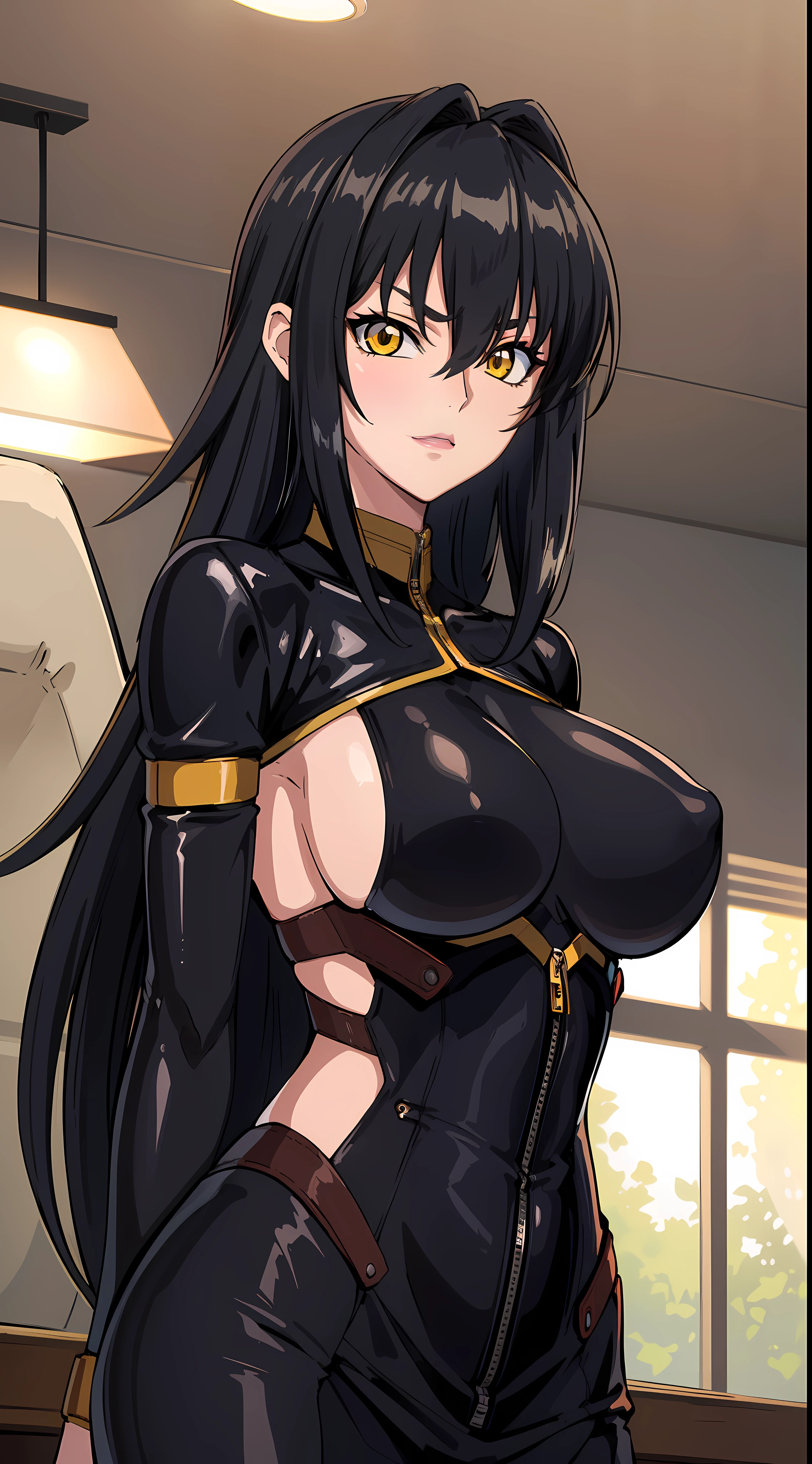 professional artwork, Intricate Details, field of view, sharp focus, detailed painting, photorealistic lighting, trending on pixiv,(masterpiece:1.0),(best_quality:1.0), ultra high res, ultra-detailed, photography, 8K, HDR, highres, absurdres:1.2, Kodak portra 400, film grain, sharp focus, bokeh:1.2, lens flare, (vibrant_color:1.2), (((indoors, dark night district))), Annerose, 1girl, female mature, ((long hair, black hair:1.4)), (yellow eyes), ?????????????, ((latex ????????)), soft skin, hair intakes, (solo:1.4), (upper body, half body shot, covered ???????, side ?????), seductive, shiny clothes