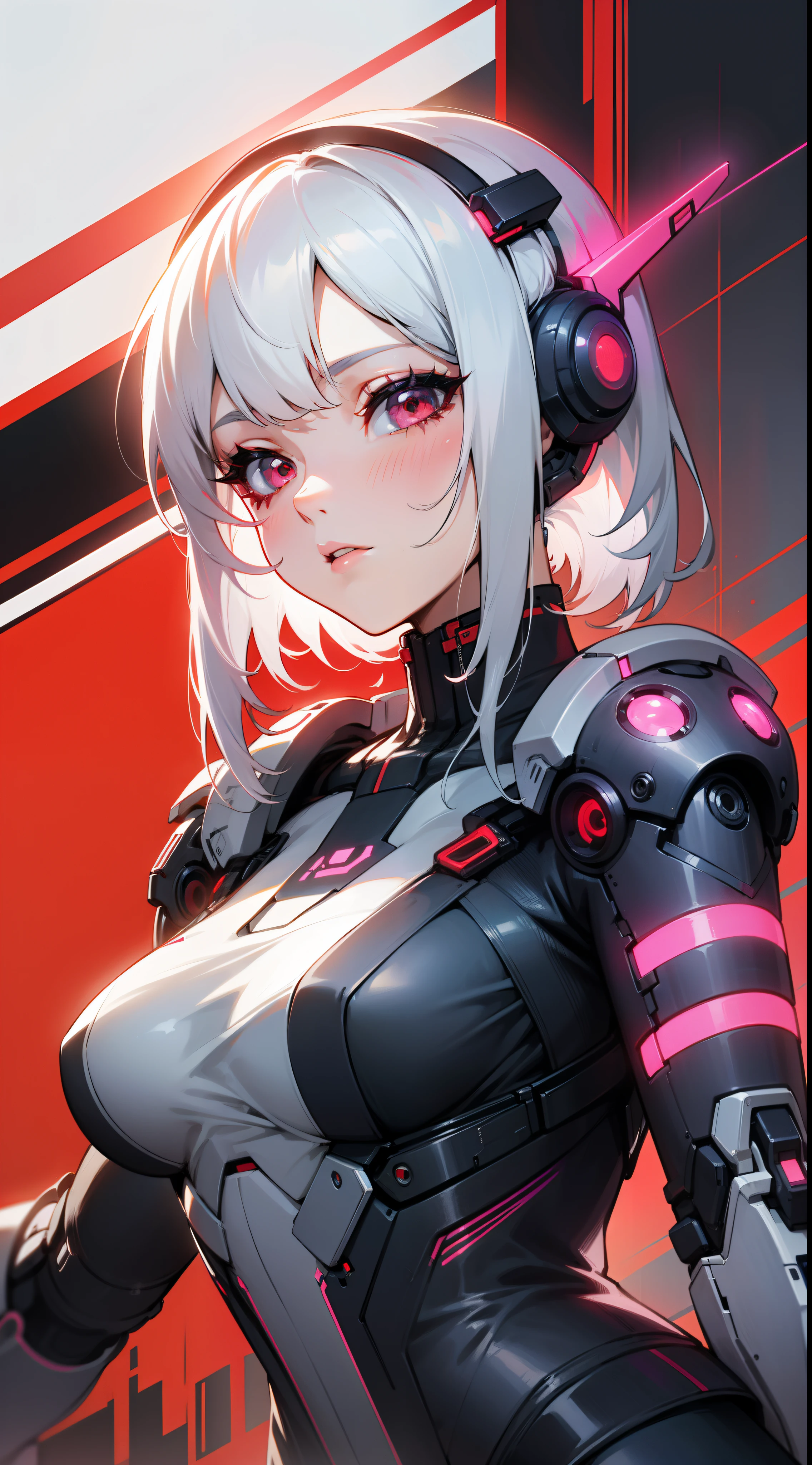 Vivid and colorful colors,White-haired girl,Raised sexy,cyber punk perssonage,red color eyes , Delicate lines