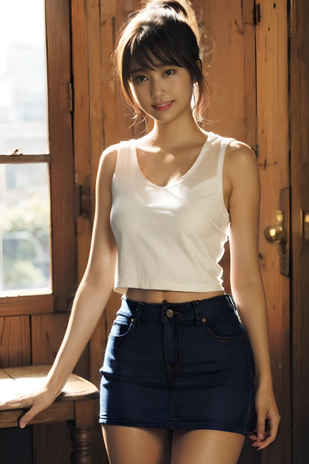 (8K、Raw photography、top-quality、masterpiece:1.2)、(realisitic、Photorealsitic:1.37)、Ultra mini skirt、White shorts、skirt by the、ultra-detailliert、Full body posture、Beautiful constriction、Leather Tank Top、Sleeveless、超A high resolution、1人、Denim skirt、Low-rise miniskirt、Beautiful navel、beautiful thigh、Beautiful bust、flaxen ponytail、Short clothing、see the beholder、beautifull detailed face、A smile、Constriction、(Slim waist) :1.3)、The shirt、Beautiful detailed skin、Skin Texture、floated hair、profetional lighting、