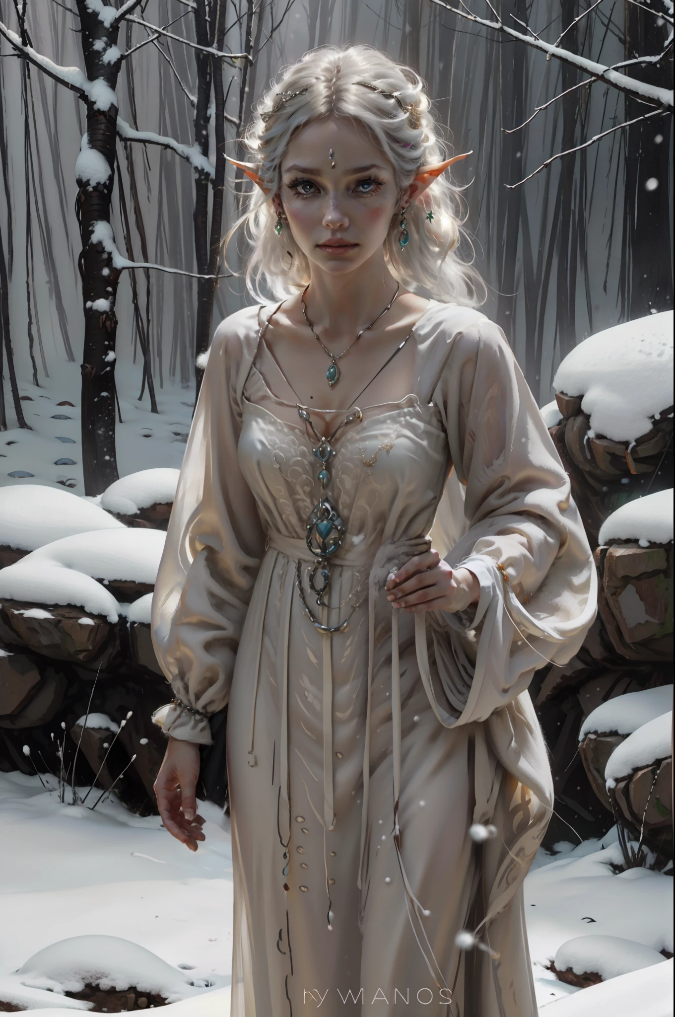 pale skinned,poucas e pequenas queimaduras de frio. Olhos cegos, white lashes, sobrancelha branca e rareada. Pale mouth. long flowing white hair. elvish ears, brincos gota pratas, piercings no topo da orelha. Corpo magro feminino,flowing dress and snow white,sem decote,mangas curtas. fundo nevado
