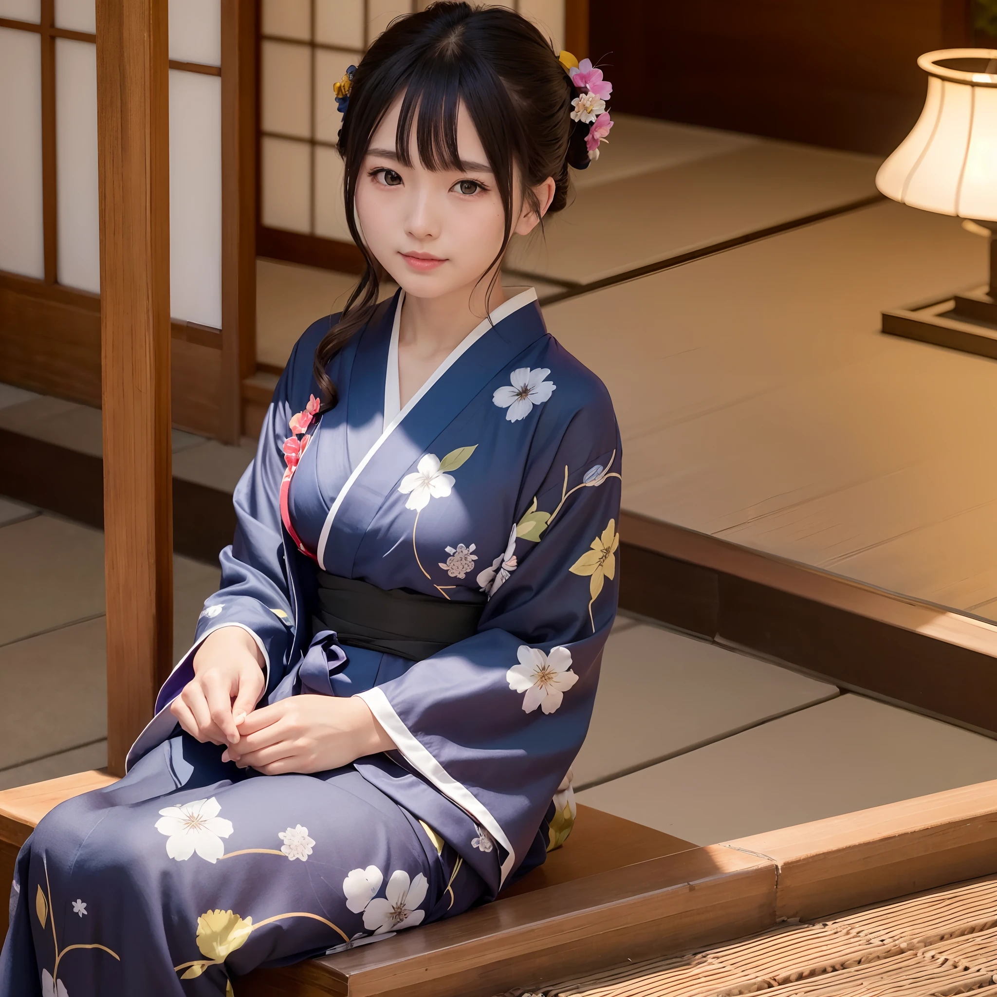 (​masterpiece、top-quality:1.2)、ultra-detailliert、lighting like a movie、（（（Beautiful woman sitting on the porch）））、A smile、woman wearing the kimono, bath robe, classy yukata clothing, Wearing a colorful yukata, in a kimono, Wearing a kimono, japanese kimono, in a kimono, Komono, wearing a haori, Dark blue yukata with morning glory pattern, A Japanese style, Wearing kimono,Uchiwa、mosquito coil、watermelons、wind chime、