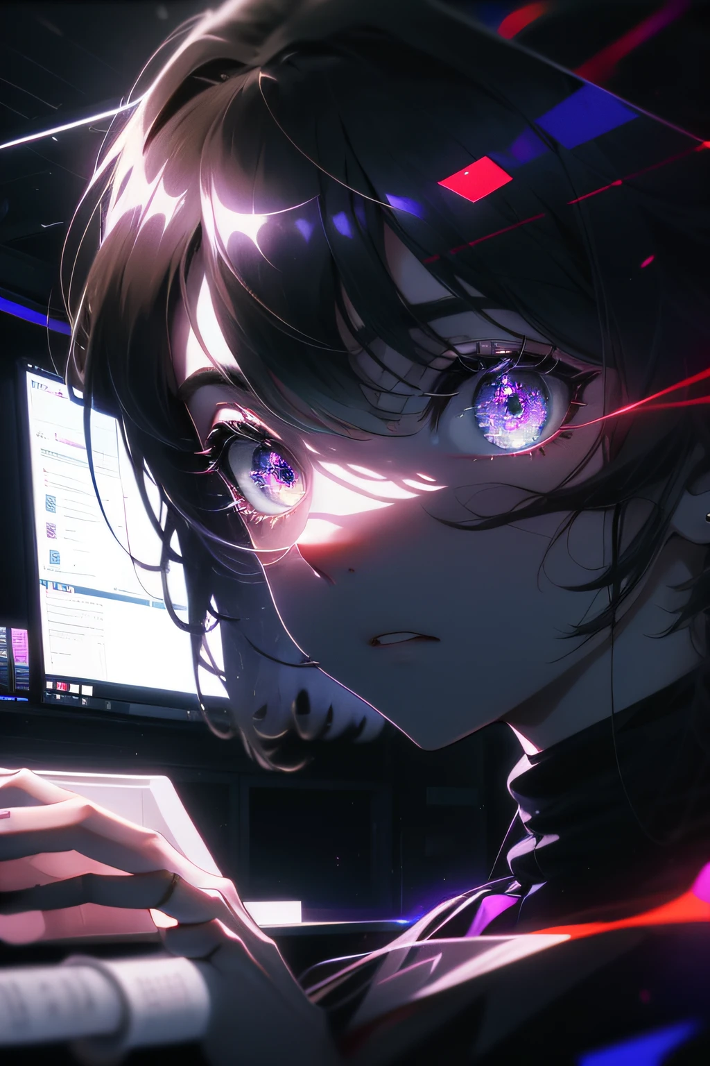 Young girl with short brown hair sitting thoughtfully in a dark room, illuminated only by the light of a few computer monitors. She is dressed in a school uniform and stares blankly at lines of code, Fast scrolling on screens. Monitors threw cold electronic light on her face. It is surrounded by towers of honking cars with flashing lights. Cables run across the floor to connect systems. Shadows hide the edges of the room, Creating a sense of infinity. A table lamp illuminates complex notes, scribbled on paper. The mood is atmospheric, Lonely and surreal, reminiscent of the anime Experiments Lain. hyper-detailing, Pure Digital Painting.