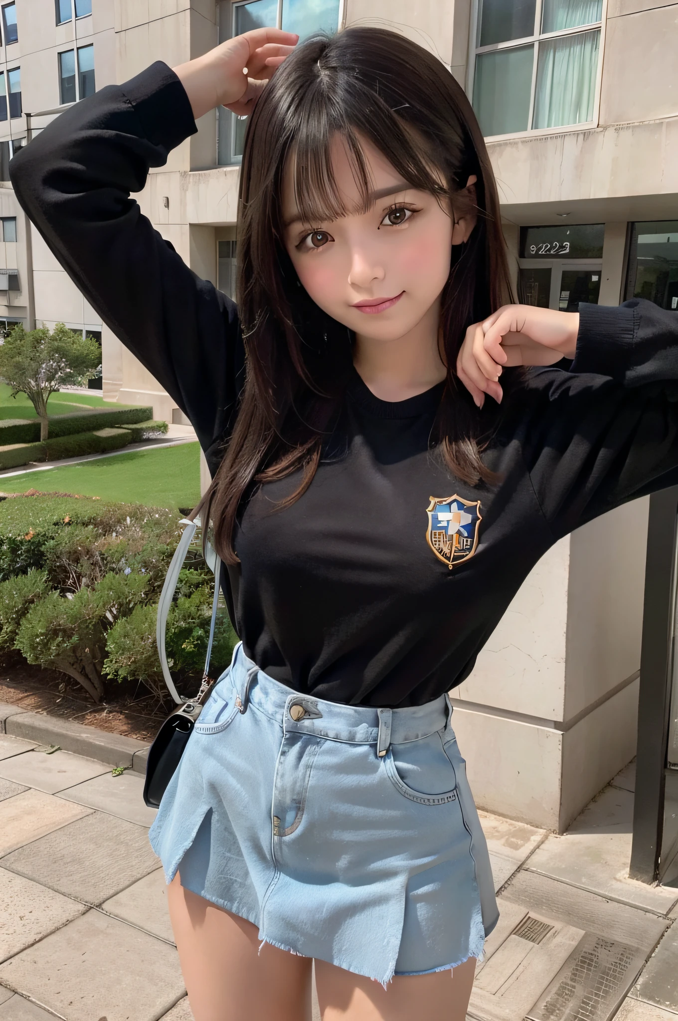1menina,quadriceps,GTSCidade,Stay next to the building,2050 metros de altura,Carinhoso,constrangido,beautiful hand,muito melhor qualidade,tmasterpiece,Top views,Bigger than the building,duas pernas,good hand,cinco dedos,Saia uniforme escolar