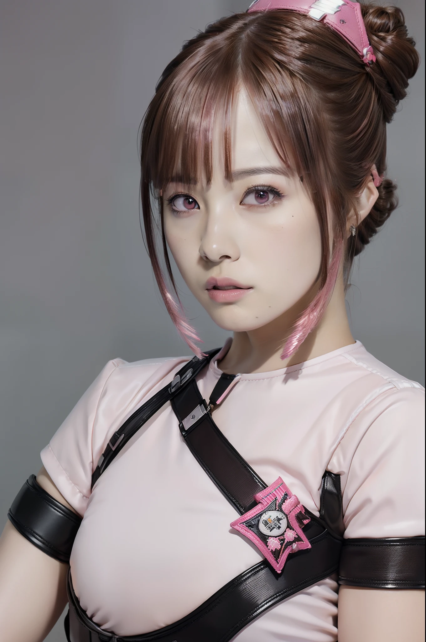 Top Quality, Ultra High Definition, (backlight), (Photorealistic:1.4), (close up:1.6, focus on face), 1 Beautiful Girl, (Kpop Idol), Detailed Face, dark brown pupil, (Hair Pink|Brown:1.3, full-bang, updo Hair:2), Contrapposto, Smooth Skin, Perfect Anatomy, Professional Lighting, ((wearing Futuristic Police Rush guard, police wappen, High-tech Headset, military harness, racing gloves, handgun)), ("POLICE", Cloths based on silver pink black white), (background, simple Dark Black),