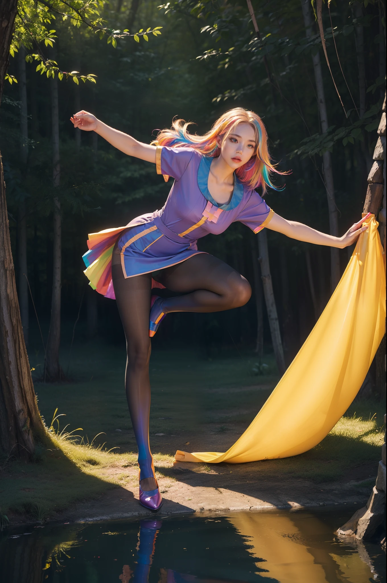 (full body:2),(1girl:1.3),(view the viewer:1.4),(anatomy correct:1.4),(((colorful pantyhose)):1.3), (pointed thick heels :1.3),,((Dancing By the creek in the forest):1.2),((Medieval female nurse's knee-length dress suit):1.3),(Extra Long blonde Hair:1.2),(Accurate and perfect face:1.3),(Long legs and big feet:1.3),((Polished clothing):1.2),((Skin reflection , Skin Gloss):1.2),((((( colorful)))):1.5),hyper HD, Ray traching, reflective light, structurally correct, Award-Awarded, high detail, lighten shade contrast, Face lighting ,cinematic lighting, masterpiece, super detailing, high quality, high detail, best quality, 16k,High contrast,