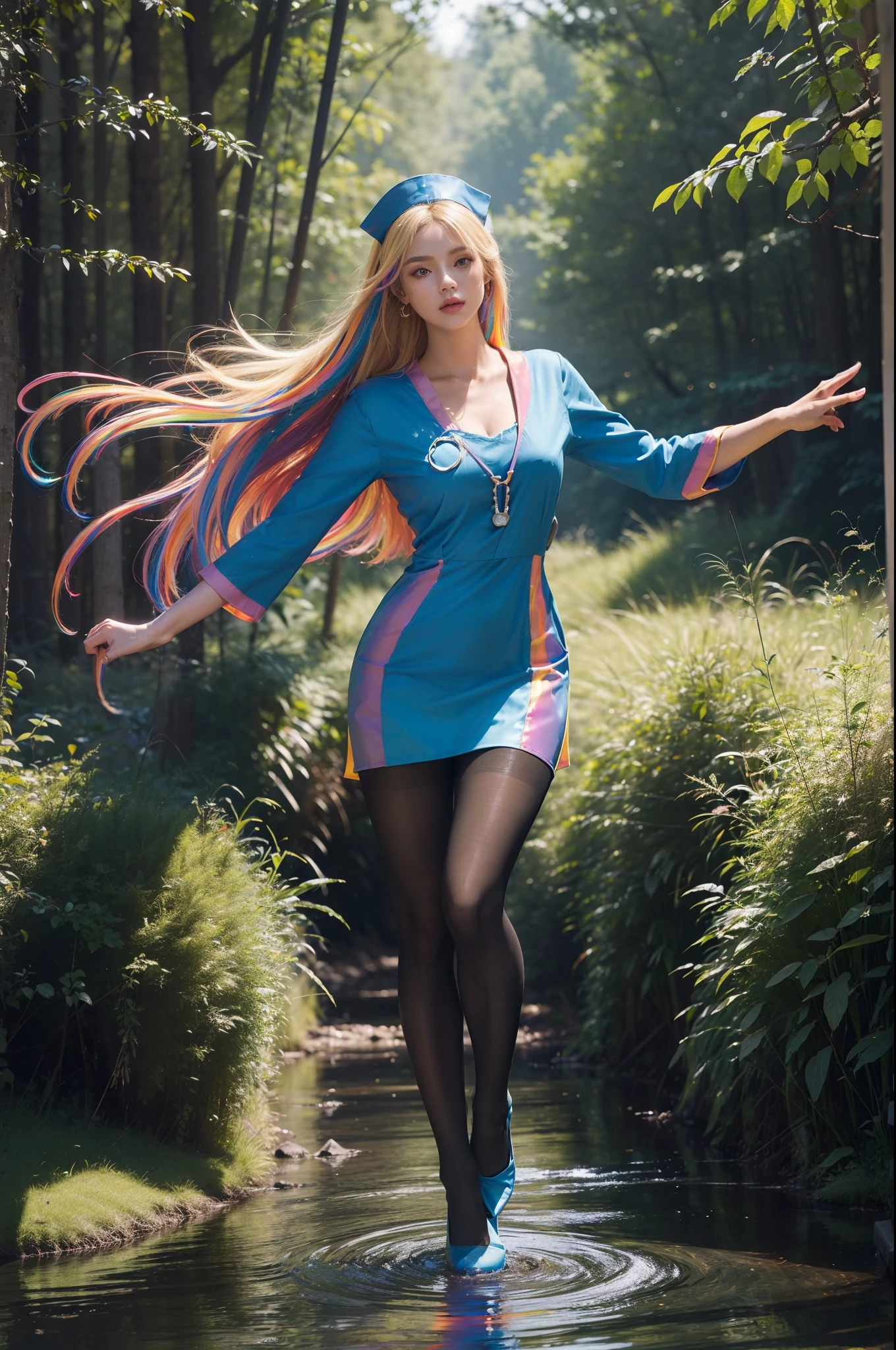 (full body:2),(1girl:1.3),(view the viewer:1.4),(anatomy correct:1.4),(((colorful pantyhose)):1.3), (pointed thick heels :1.3),,((Dancing By the creek in the forest):1.2),((Medieval female nurse's knee-length dress suit):1.3),(Extra Long blonde Hair:1.2),(Accurate and perfect face:1.3),(Long legs and big feet:1.3),((Polished clothing):1.2),((Skin reflection , Skin Gloss):1.2),((((( colorful)))):1.5),hyper HD, Ray traching, reflective light, structurally correct, Award-Awarded, high detail, lighten shade contrast, Face lighting ,cinematic lighting, masterpiece, super detailing, high quality, high detail, best quality, 16k,High contrast,