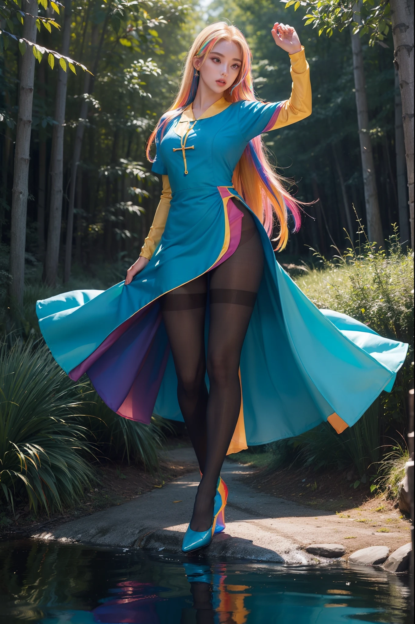 (full body:2)，(1girl:1.3),(view the viewer:1.4)，(anatomy correct:1.4),(((colorful pantyhose)):1.3), (pointed thick heels :1.3),,((Dancing By the creek in the forest):1.2),((Medieval female nurse's knee-length dress suit):1.3),(Extra Long blonde Hair:1.2),(Accurate and perfect face:1.3),(Long legs and big feet:1.3),((Polished clothing):1.2),((Skin reflection , Skin Gloss):1.2)，((((( colorful)))):1.5)，hyper HD, Ray traching, reflective light， structurally correct, Award-Awarded, high detail, lighten shade contrast, Face lighting ，cinematic lighting, masterpiece, super detailing, high quality, high detail, best quality, 16k，High contrast,