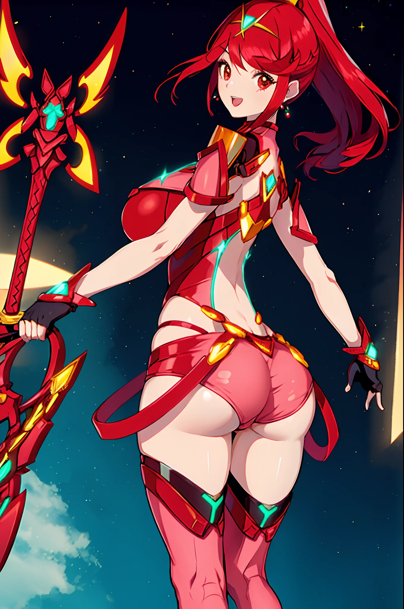 pyra \(xenoblade\), _1girl, lolimor, bangs, black gloves, breasts, red eyes, closed mouth, earrings, eyelashes, fingerless gloves, floating hair, framed breasts, gem, gloves, hair ornament, headpiece, jewelry, big_breasts, leaning back, leotard, neon trim, official art, pose, red hair, red shorts, saitou masatsugu, short hair, short shorts, short sleeves, shorts, sidelocks, skin tight, solo, standing, swept bangs, thighhighs, tiara, night_prairie_background, turtleneck, underbust, vambraces, xenoblade chronicles \(series\), (xenoblade chronicles 2), apart_legs, fire_effect,dynamic_pose,fighting,light_smile, (plump:1.1), big_ass,huge_sword, hold_large_sword_hilt, scovered_nipples, (covered_pussy:1.2),cameltoe,open_mouth,back_view, fists,ponytail,plump,beautiful_fingers,