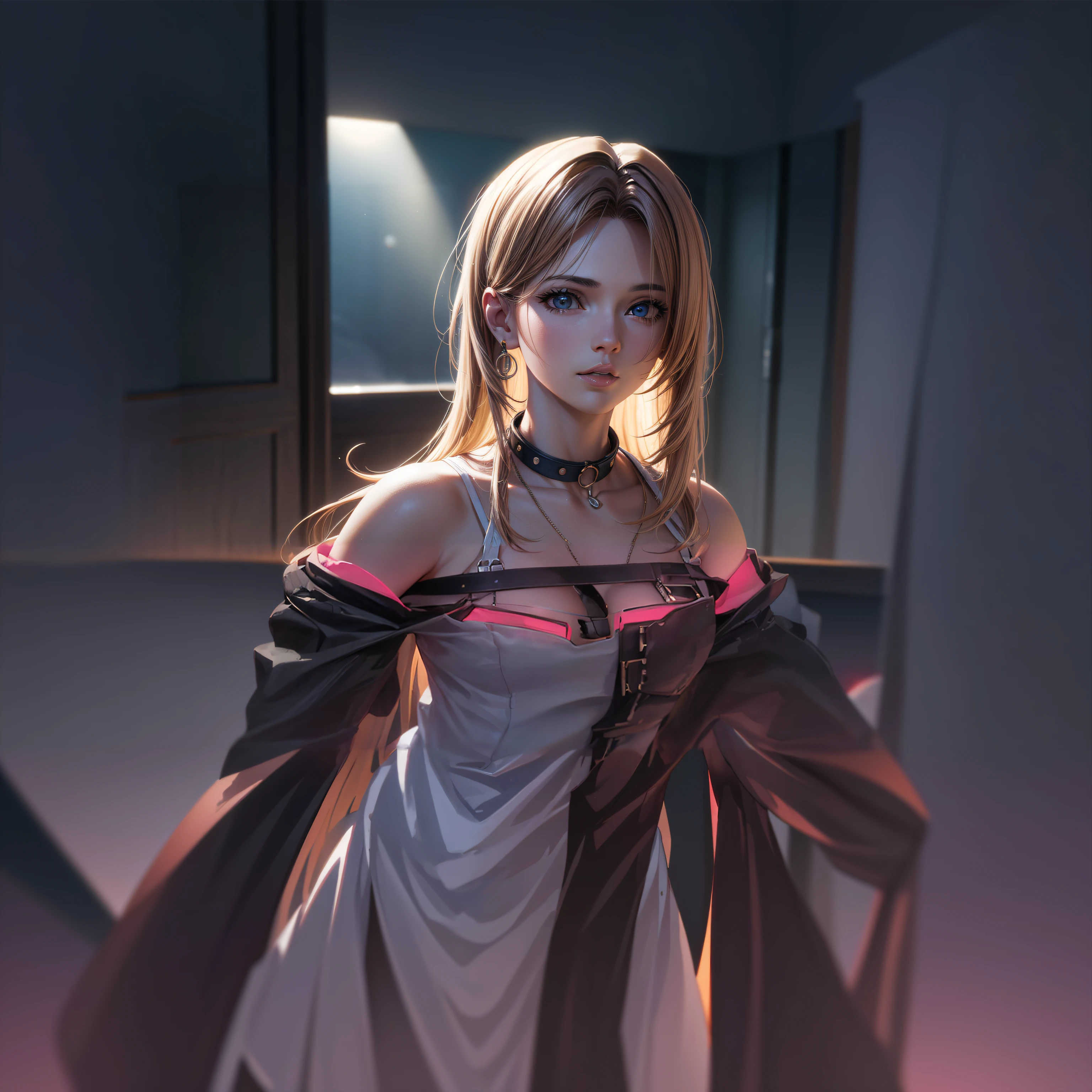 Garota de anime com cabelo loiro e uma gargantilha preta posando para uma foto, arte cg anime suave, photorealistic anime girl rendering, Estilo anime 3D realista, anime. soft lighting, arte de anime digital, arte de anime digital detalhada, arte de anime realista, Advanced digital anime art, anime sedutora, estilo anime 4K, 3 d anime realista, anime estilo 3d