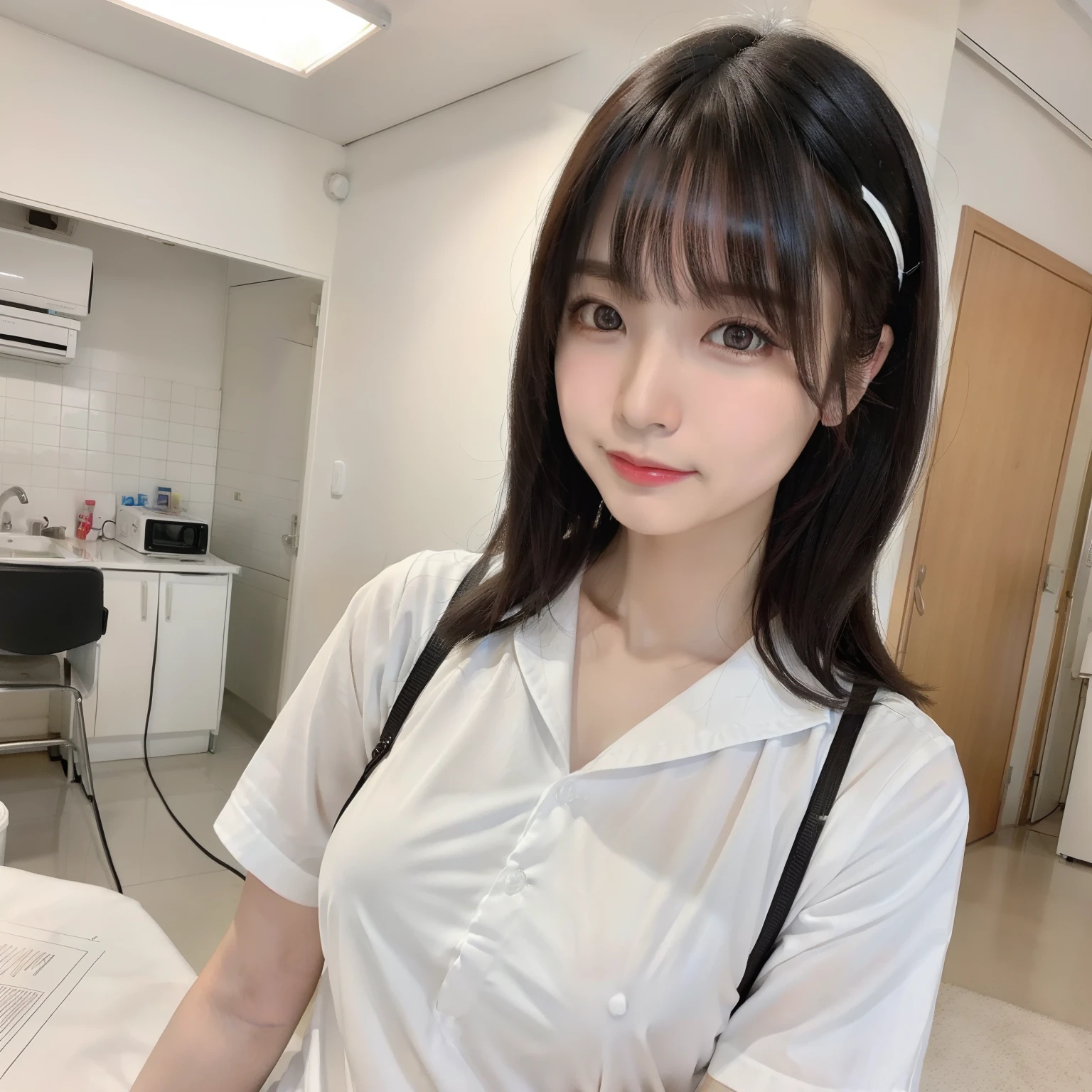(top-quality、超A high resolution、8K、Raw photography、nffsw:1.2、masterpiece:1.2)、(realisitic、Photorealsitic:1.37)、ultra-detailliert、profetional lighting、photon maping、Radio City、physically-based renderingt、japanes、 1 人、独奏、Black hair shortcuts、cute little、、Cute、Light smile、Colossal tits、Delicate figure、Looking at the camera、The upper part of the body、nurse's outfit、Nurse、hospitals、