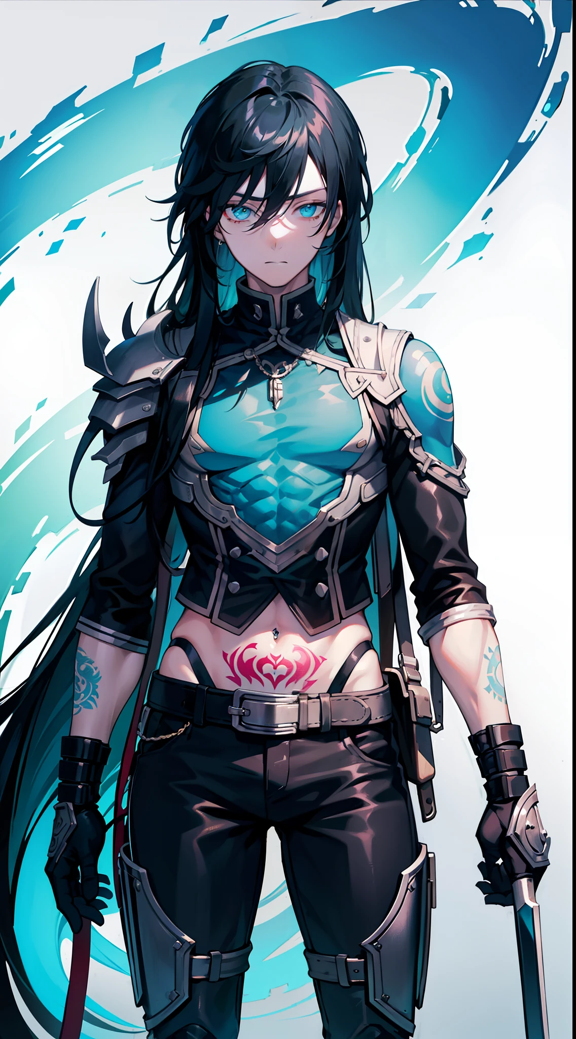 Young man, Long black hair, Cyan eyes, Tatoo, open torso, breeches, Iron hands, tmasterpiece, hiquality