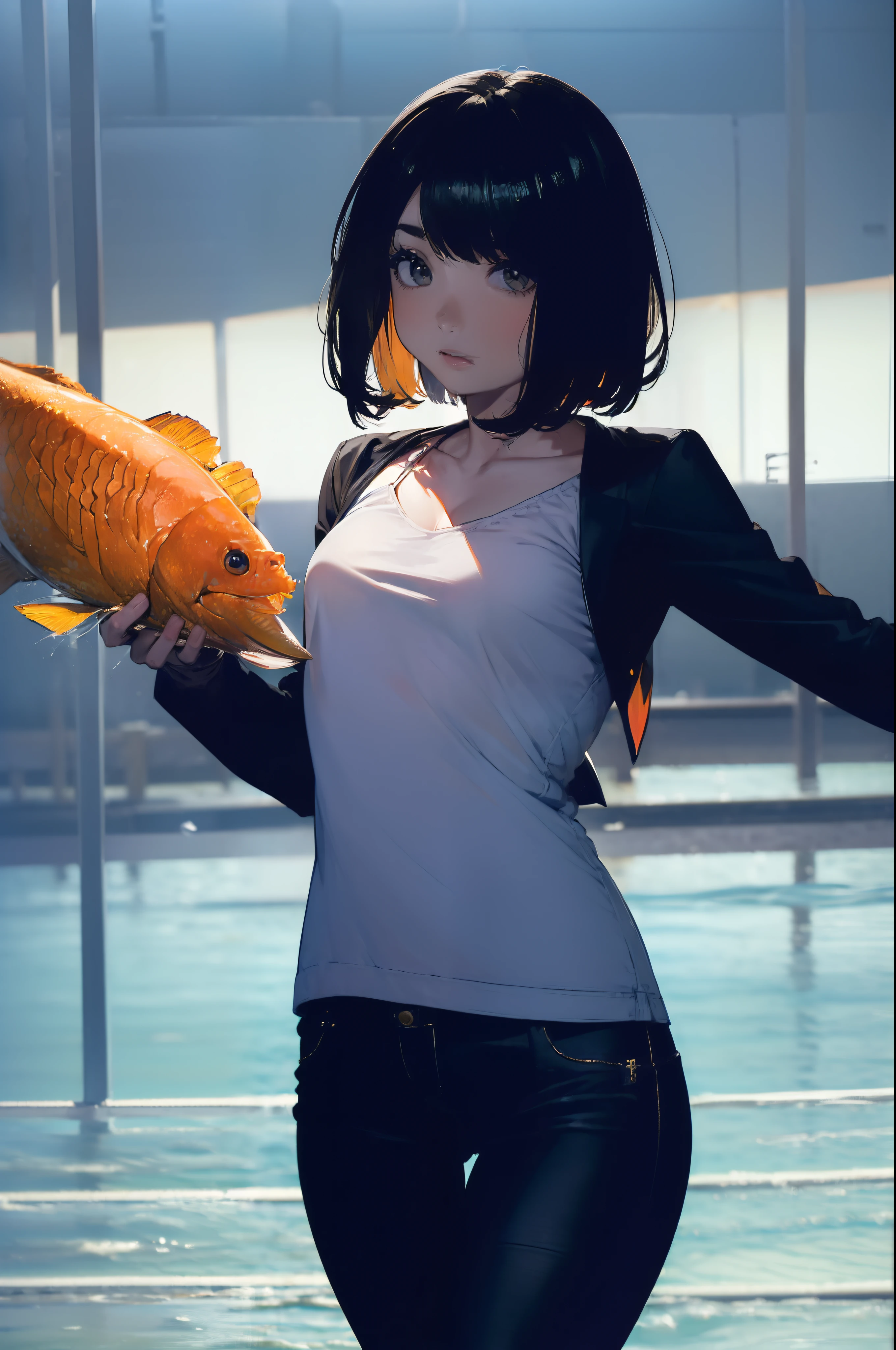 ((((Catching a big fish by the lakeside:1.5)))),((Female 28 years old)),((Best Quality:1.5)),(((Hands with the correct number and structure of fingers:1.4))),((Big fish:1.37)),hight resolution,ultra-detailliert,​masterpiece,best qualtiy,Eight-headed body,Black hair, long eyeslashes, Solid Circle Eyes, drop shadow, Atmospheric perspective,Super Detail, ccurate, small brest,(Black jacket and black jeans :1.1),top-quality, blurry backround, bokeh dof:1.2, (​masterpiece:1.3),  Atmospheric perspective,Super Detail,dynamic compositions,