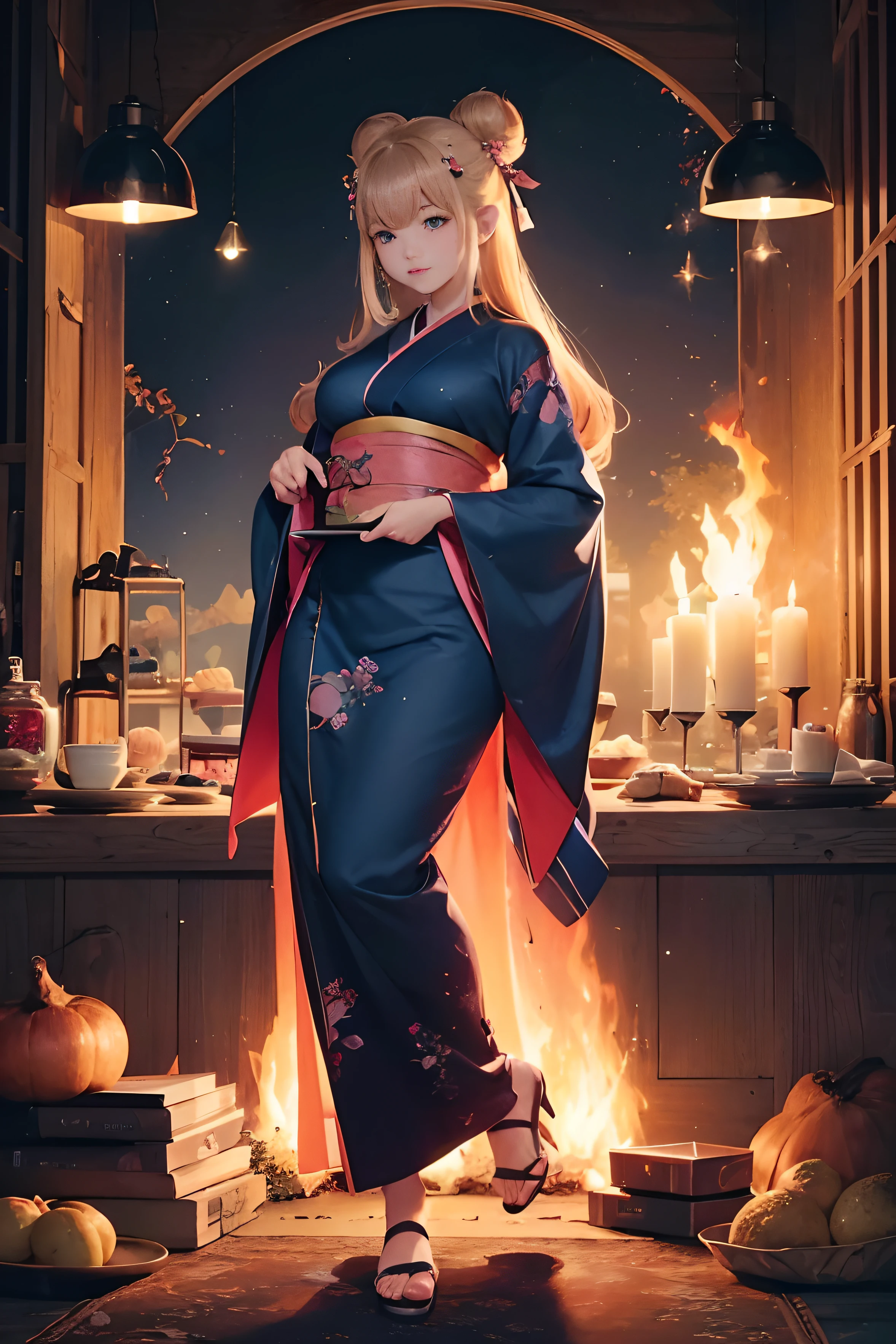(ultra best quality、8K、masuter piece、delicate illustration、full body Esbian)、Very beautiful elf girl,plump figure, (Elegant kimono in dark blue 1.3)、Beautiful pink blonde(Bun)、Eat baked sweet potatoes、Burning Fire