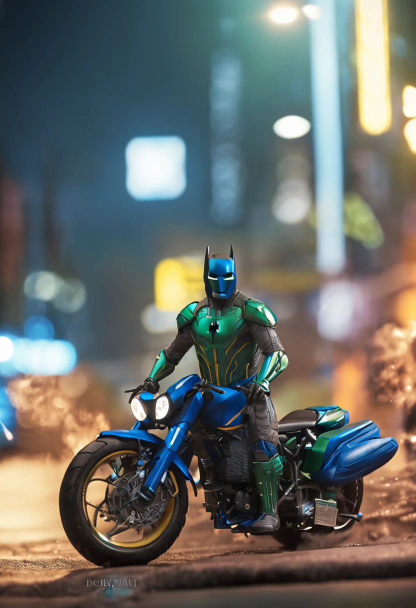Um batman verde, amarelo e azul, brasileiro, realistic in a titanium cybernetic suit, detalhado, designe perfeito, alta qualidade arestas perfeitas e simetricas  ::n_desenho de estilo, Low-quality imperfection, boneco, jogo, anime