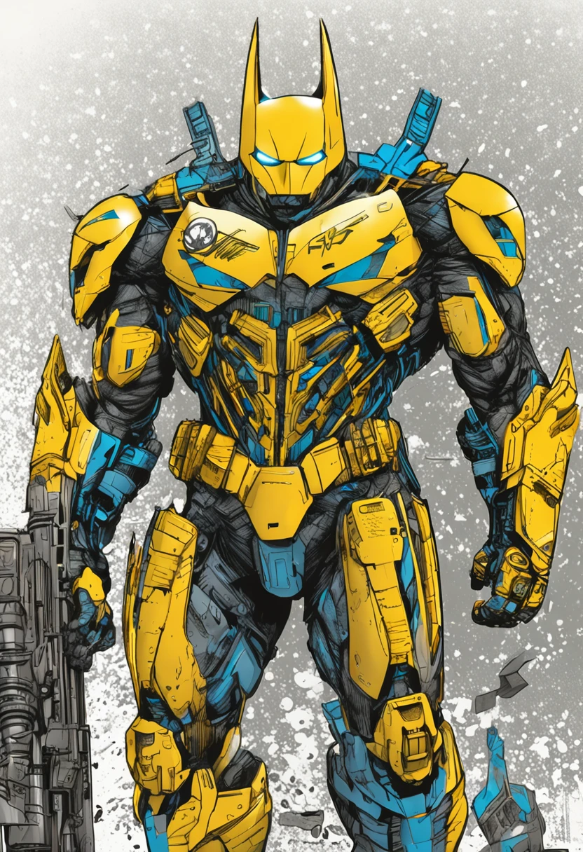 Um batman verde, amarelo e azul, brasileiro, realistic in a titanium cybernetic suit, detalhado, designe perfeito, alta qualidade arestas perfeitas e simetricas ::n_desenho de estilo, Low-quality imperfection, boneco, jogo, anime