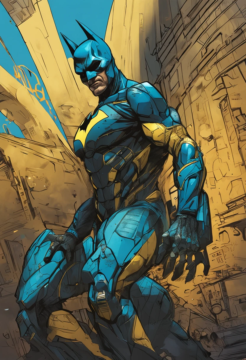 Um batman verde, amarelo e azul, brasileiro, realistic in a titanium cybernetic suit, detalhado, designe perfeito, alta qualidade arestas perfeitas e simetricas  ::n_desenho de estilo, Low-quality imperfection, boneco, jogo, anime