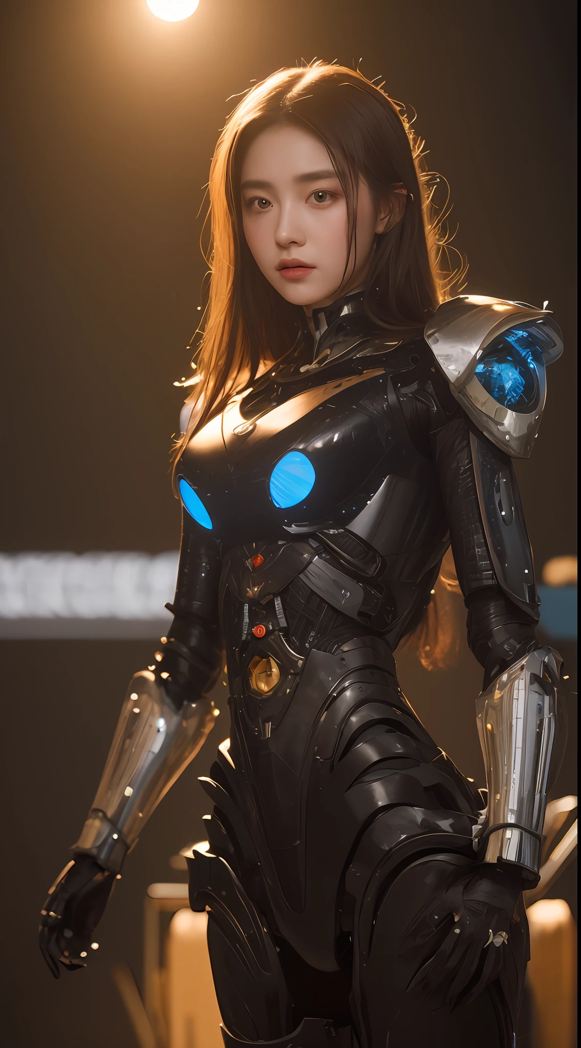 masterpiece, best quality, illustration, beautiful detailed eyes, colorful background, mechanical prosthesis, mecha coverage,rose red eyes, beatiful detailed cyberpunk city, multicolored hair, beautiful detailed glow, 1 girl, expressionless, cold expression, insanity, long bangs, long hair, lace, dynamic composition, motion, ultra - detailed, incredibly detailed, a lot of details, amazing fine details and brush strokes, smooth, hd semirealistic anime cg concept art digital painting, cyborg style,