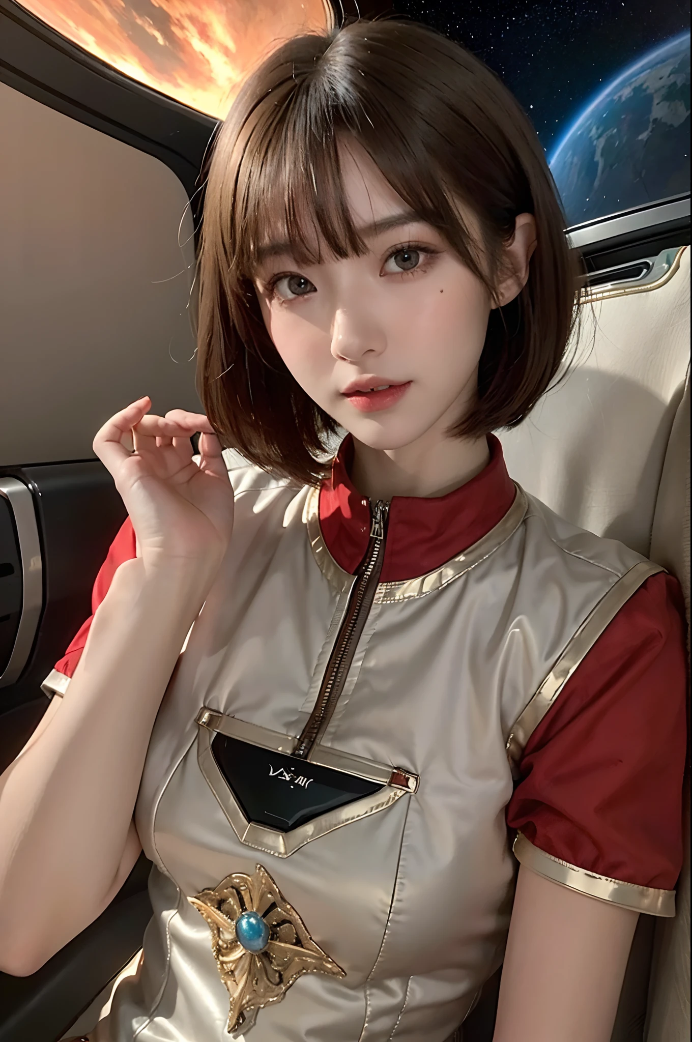 top-quality、​masterpiece、超A high resolution、(realisitic:1.4)、１femele、Beautiful detail eyes and skin、ssmile、Light brown short-cut hair、Petite bust、The perfect spacesuit、spaceships、Desolate and mysterious planet、Red sky、UFOs flying in the sky、Mysterious Giant Ruins、in isekai、