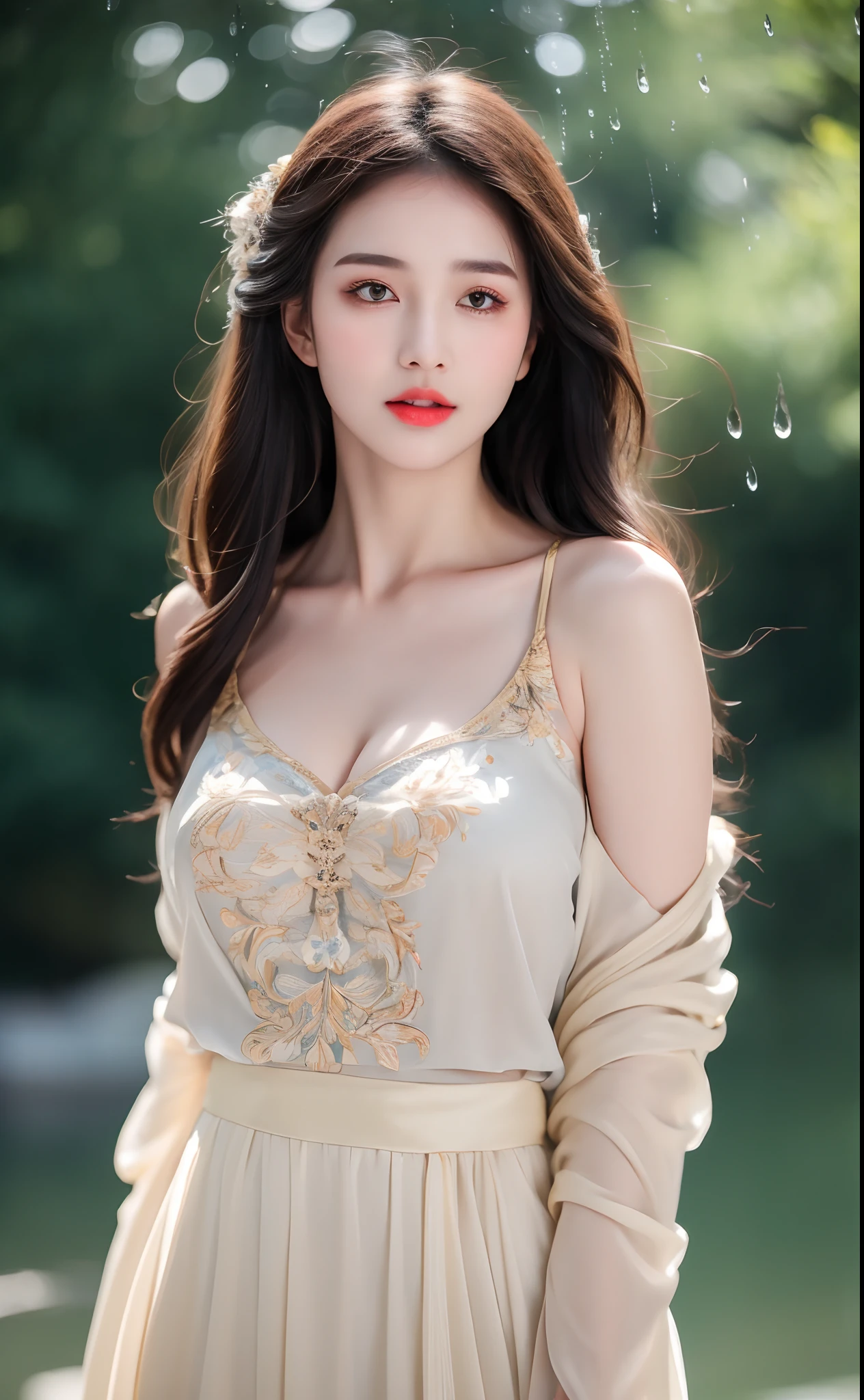 ((Best Quality, 8k, Masterpiece: 1.3)), Focus: 1.2, Perfect Body Beauty: 1.4, Buttocks: 1.2, ((Layered Haircut)), (Wet Clothes: 1.1), (Rain, Street:1.3), (Breasts: 1.2), (Hanfu: 1.2), Bare Shoulders, Bare Legs, Highly Detailed Face and Skin Texture, Fine Eyes, Double Eyelids, Whitened Skin, Long Hair, (Shut Up: 1.5), (Bokeh Background: 1.5), Big Breasts