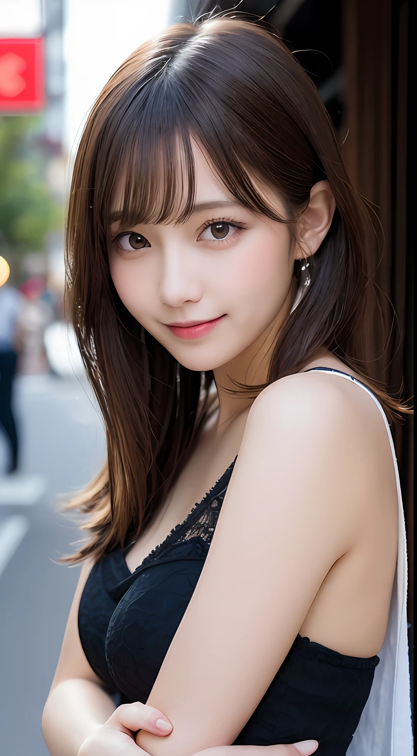 Tabletop, Highest quality, shape, Very detailed, finely, High resolution, 8k wallpaper, 完璧なダイナミックな構shape, Beautiful and exquisite, Straight hair, Small breasts, Natural color lip, Random sexy poses,smile,20-year-old girl、Midnight、Beautiful and dense face、Perfect and beautiful face,Big eyes、RAW Photos、Beautiful and exquisite、Small face、Beautiful Duplex、Slim face and figure,Beautiful golden ratio face、Tight dress、Please make a cute face、Harajuku、Blurred Background