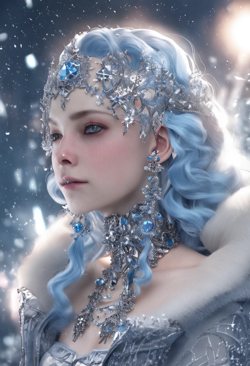 top Quority，best qualtiy，White-colored skin，8K，beautifullegs，blue hairs，Dark blue eyes，blue skirts，Ice crystal hair accessories，snowflake choker，Kizi，Ice and snow