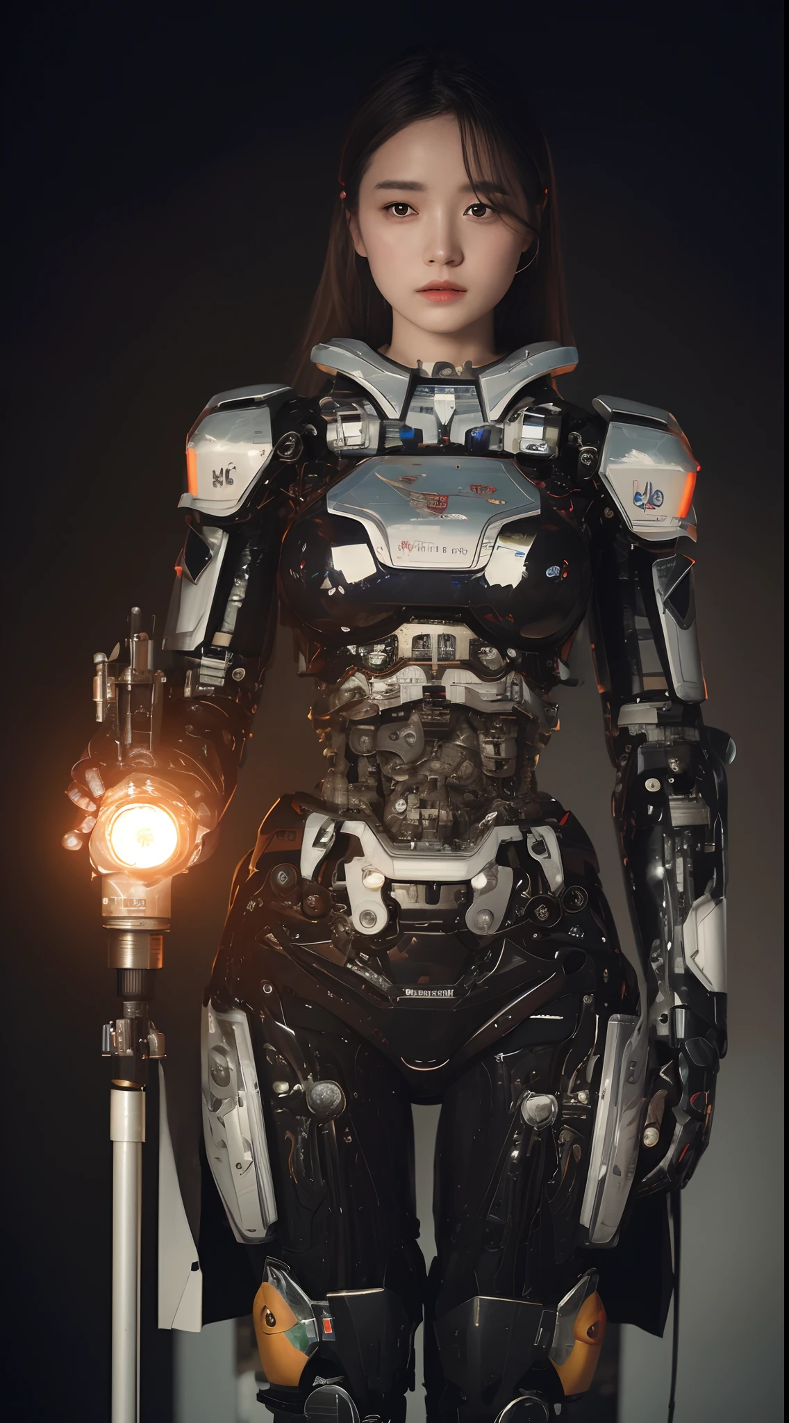 ((masterpiece, best quality)),illustration,ultra detailed 8k,photorealistic,sharp focus,highly detailed,professional lighting,colorful details,iridescent colors BREAK extreme long shot of a factory,large mechanical robot construction,microchip,computer,glowing,intricate details,shitu-mecha,1girl is standing in front of the audience,Navel
