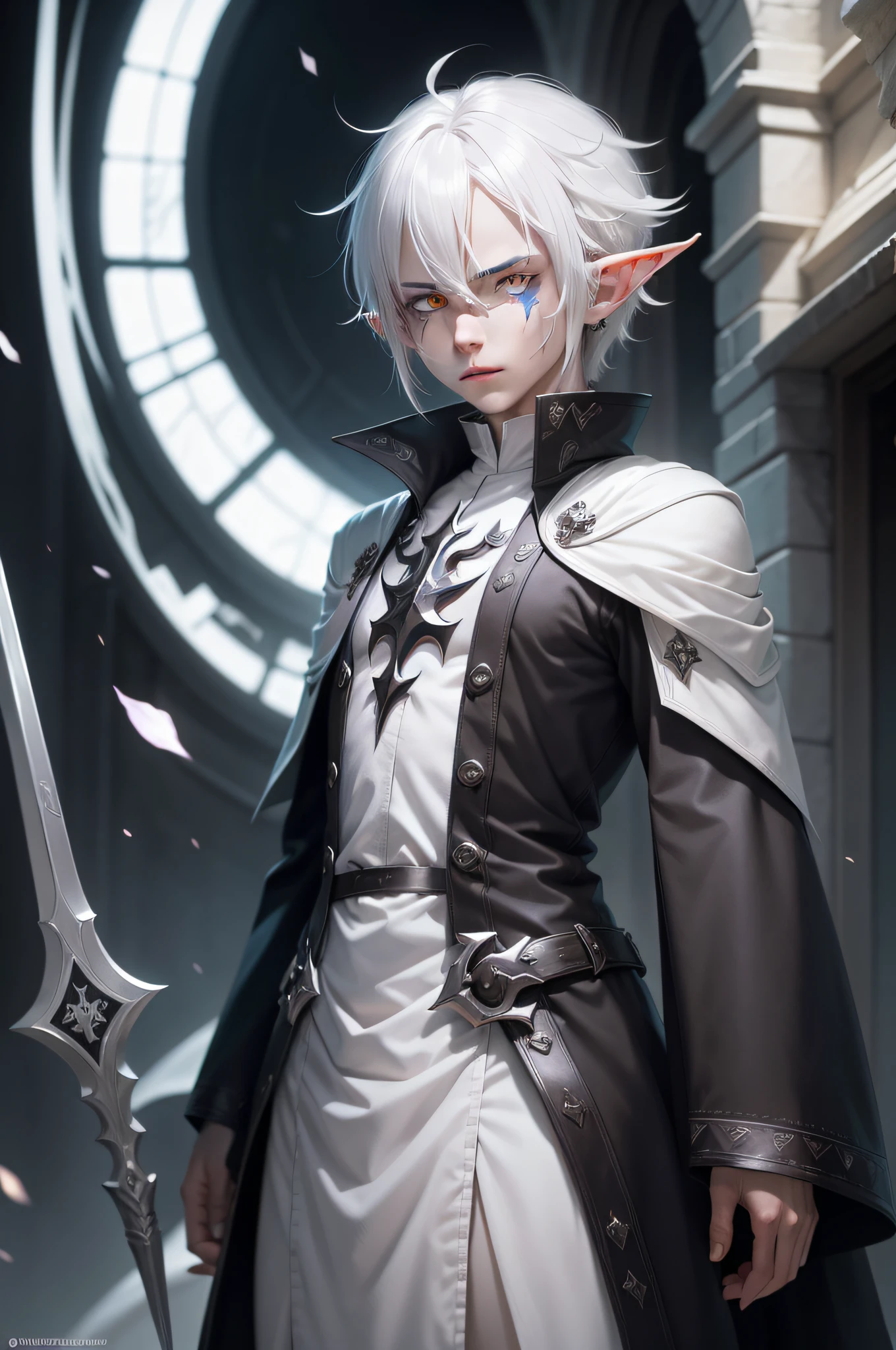 White-haired demon,male people,Heterochromic pupils,,Warlock,Flat coating,solo person,quadratic element,youth,short detailed hair,the scars,Elf ears,spells