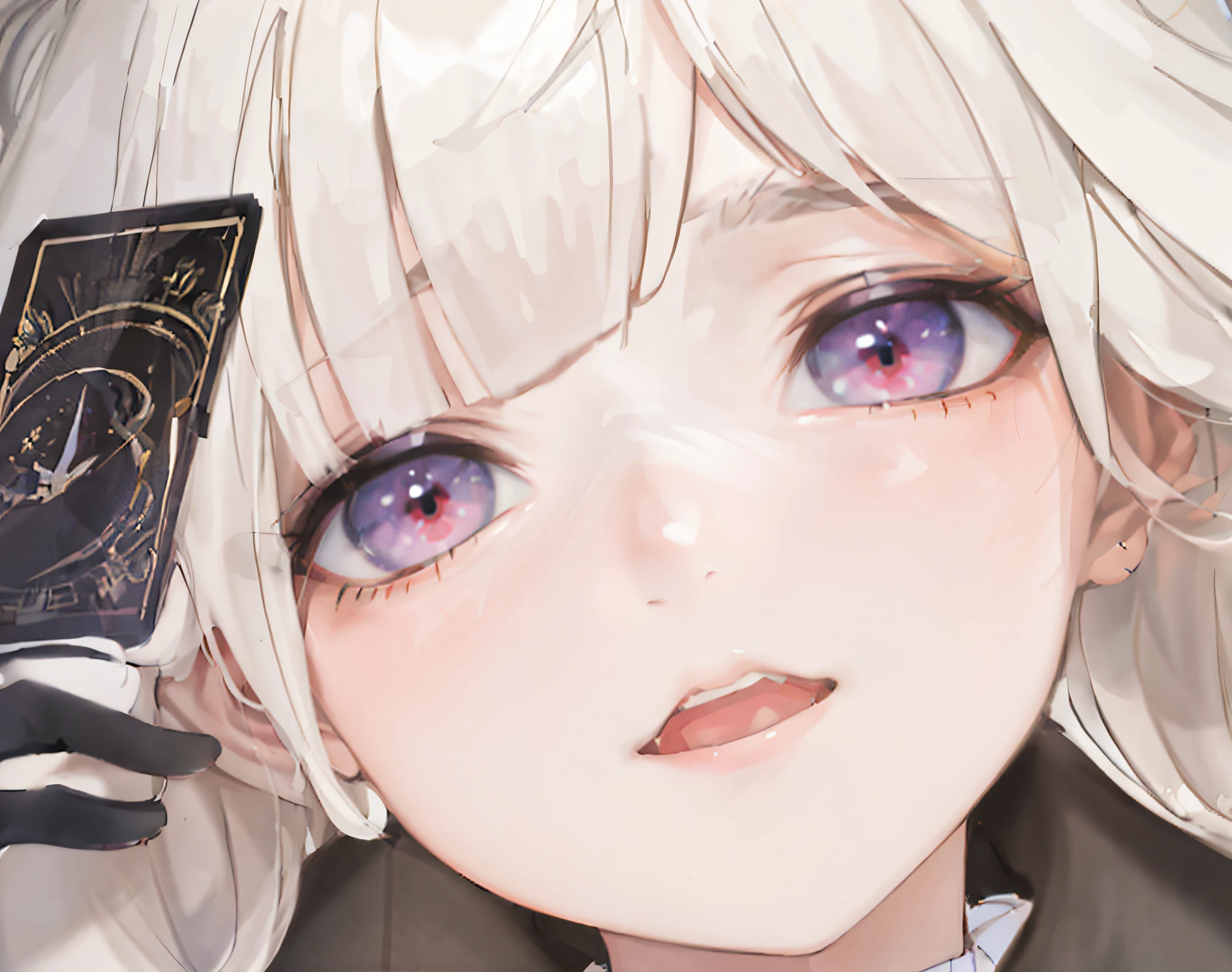 Anime girl with white hair，Holding a black card in his hand, Guviz, Guviz-style artwork, Detailed anime soft face, Kawaii realistic portrait, Detailed anime face, made with anime painter studio, from girls frontline, Fine details. Girl Front, detailed portrait of an anime girl, ahegao face, drawn in anime painter studio, Detailed digital anime art
