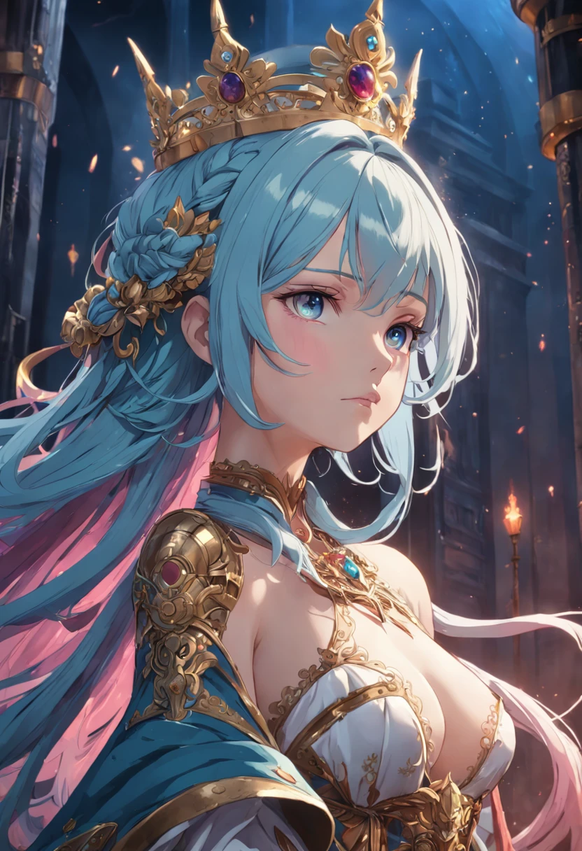 Perfect woman, full bodyesbian, Colorful hair, royal, crown, Princess, queen, dystopian, Highly detailed, Soft lighting, Detailed face, Perfect face, anime big breast, concept-art, masterpiece of intricate artwork, fashion magazine, Story, fantasy, Ominous, esoteric, Intricate, Body, Epic, ultra high quality model, illusory engine, Global illumination, Detailed, intricate environment, rendering by octane