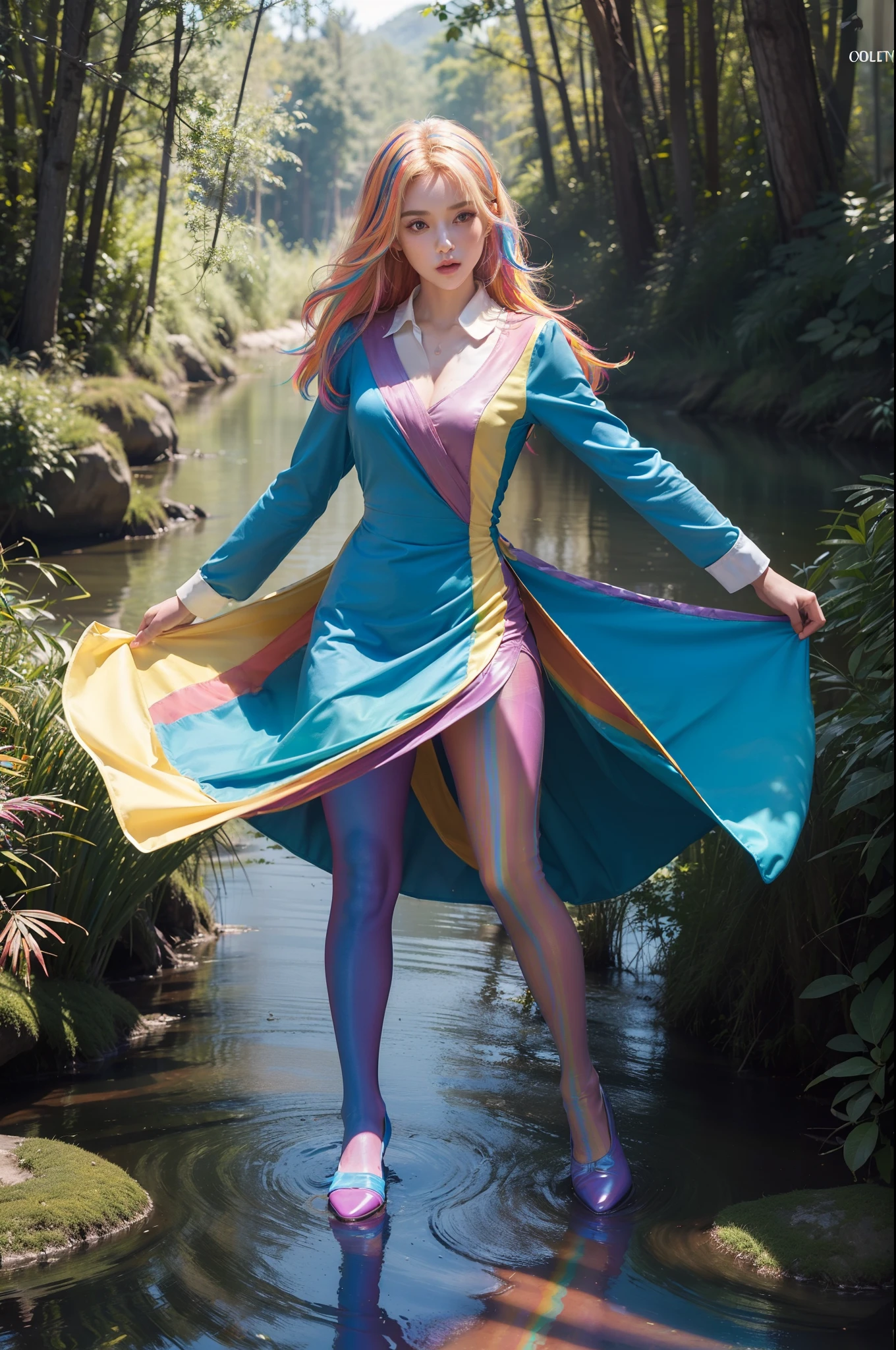 (full body:2)，(1girl:1.3),(view the viewer:1.4)，(anatomy correct:1.4),(((colorful pantyhose)):1.3), (pointed thick heels :1.3),,((Dancing By the creek in the forest):1.2),((Medieval female nurse's knee-length dress suit):1.3),(Extra Long blonde Hair:1.2),(Accurate and perfect face:1.3),(Long legs and big feet:1.3),((Polished clothing):1.2),((Skin reflection , Skin Gloss):1.2)，((((( colorful)))):1.5)，hyper HD, Ray traching, reflective light， structurally correct, Award-Awarded, high detail, lighten shade contrast, Face lighting ，cinematic lighting, masterpiece, super detailing, high quality, high detail, best quality, 16k，High contrast,