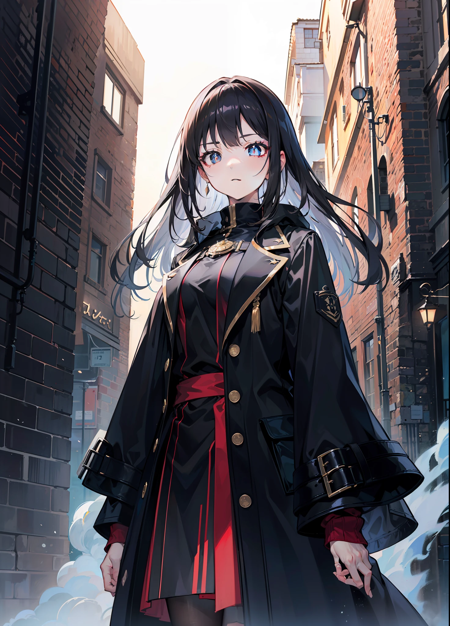 (tmasterpiece,best qualtiy,style of anime,a sense of atmosphere,higher details,cg render,Standing painting,Ray traching,a sense of mystery,Dark wind,feeling of solitude)(brunette color hair,cabelos preto e longos,Black pupils,black greatcoat,Cover the whole body,Non-juveniles)(The background is a huge black space)