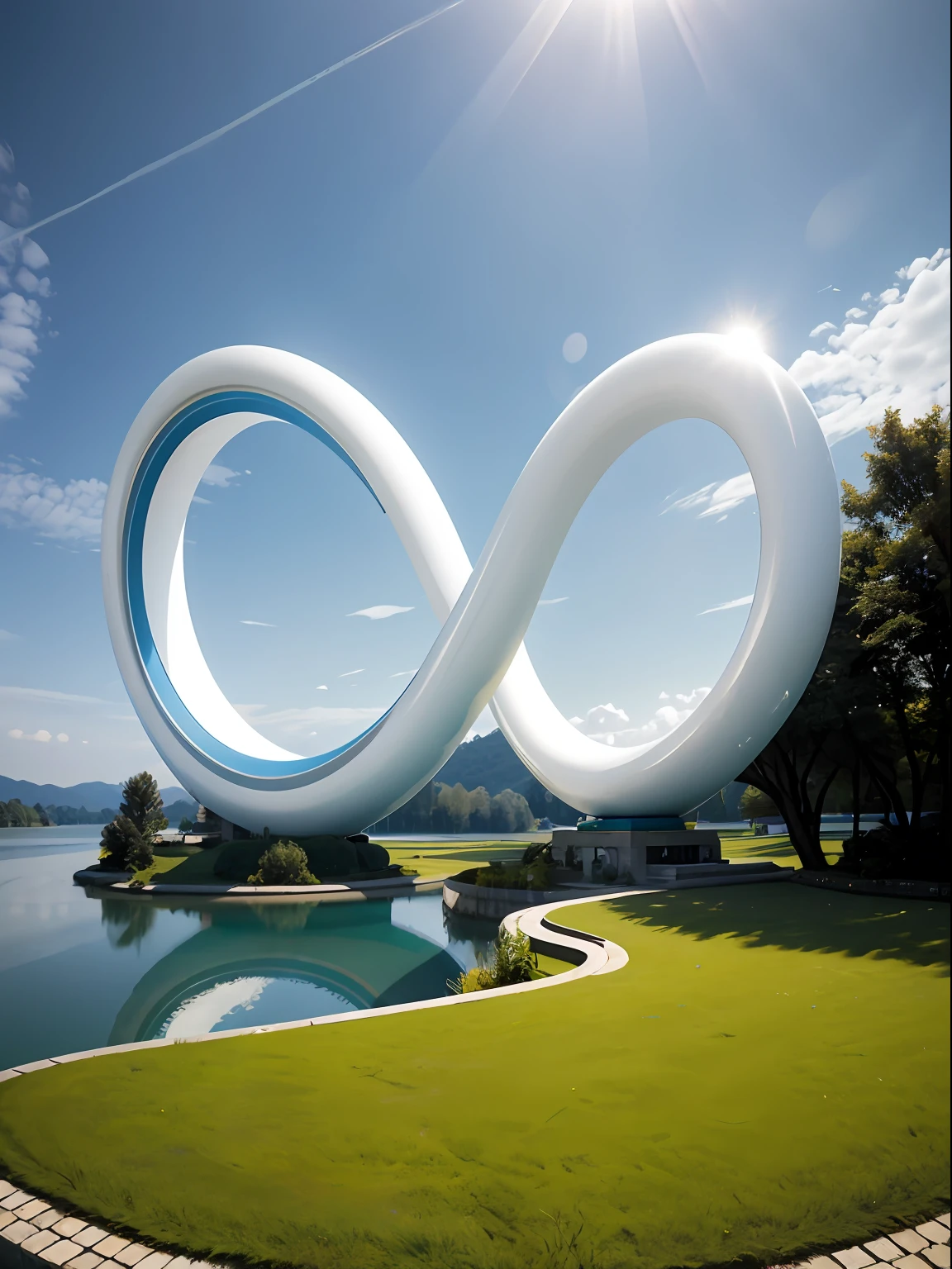 tmasterpiece,Best quality at best,8K,blue-sky,baiyun,morningglow,、grassy fields,(Round countertop),(Central Lake),Material de vidro,Bright colors,