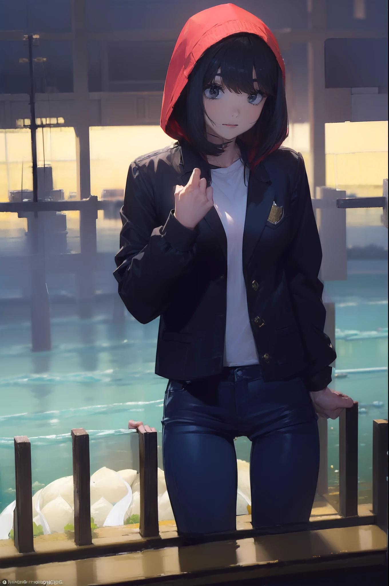 ((((Catch big fish by the lake:1.5)))),((Female 28 years old)),((Best Quality:1.5)),(((Hands with the correct number and structure of fingers:1.4))),((Big fish:1.37)),hight resolution,ultra-detailliert,masterpiece,best qualtiy,Eight-headed body,Black hair, long eyeslashes, Solid Circle Eyes, drop shadow, Atmospheric perspective,Super Detail, ccurate, small brest,(Black jacket and black jeans :1.1),top-quality, blurry backround, bokeh dof:1.2, (masterpiece:1.3), Atmospheric perspective,Super Detail,dynamic compositions,