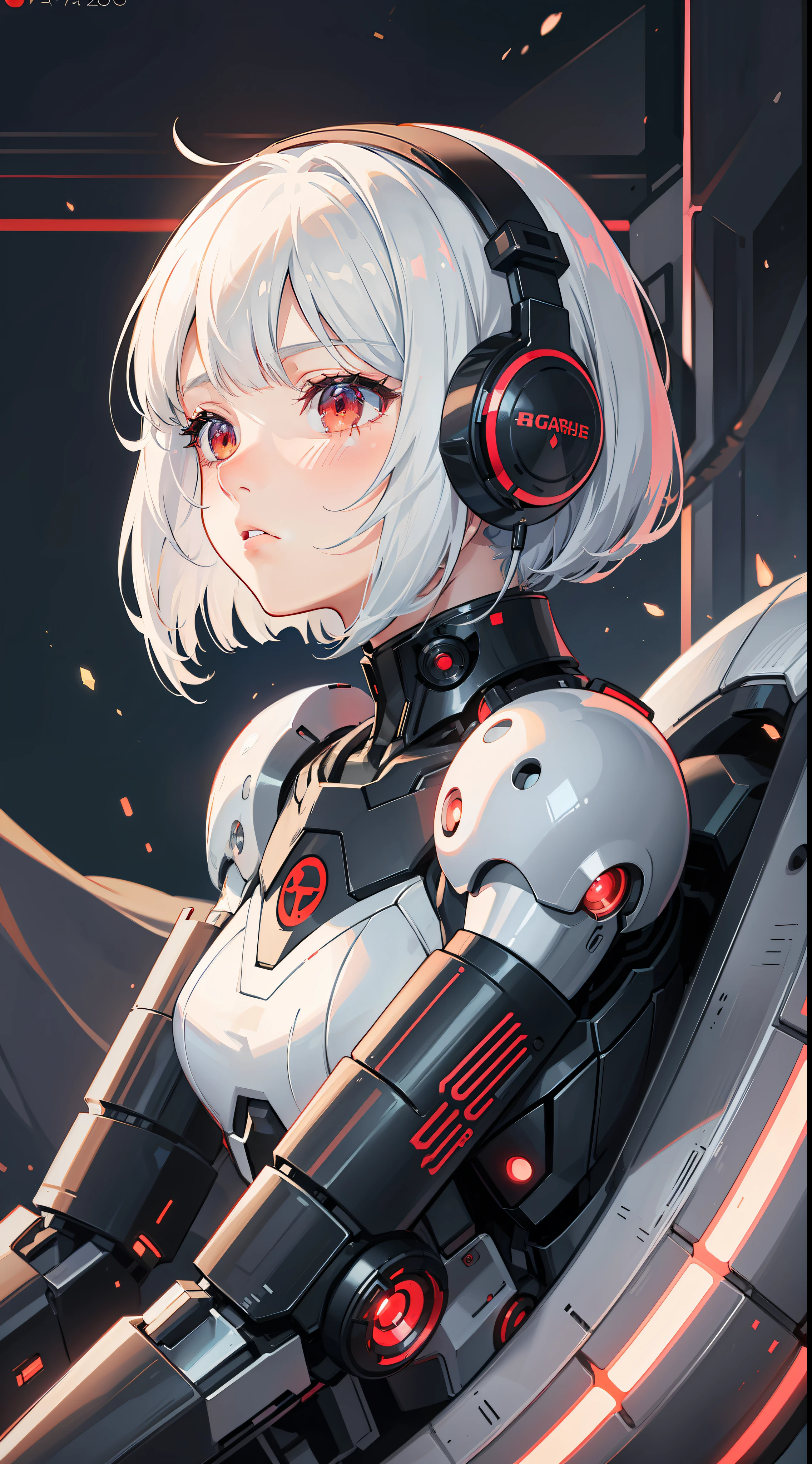 1 girl closeup, android, gynoid, mecha girl, headphones, spherical joint, silver hair, red eyes, bob cut, braid, sitting, hands on their face, embarrassed, blush, concept art, beautiful anime scene, beautiful anime scenery, top rated on pixiv, best quality, 4K