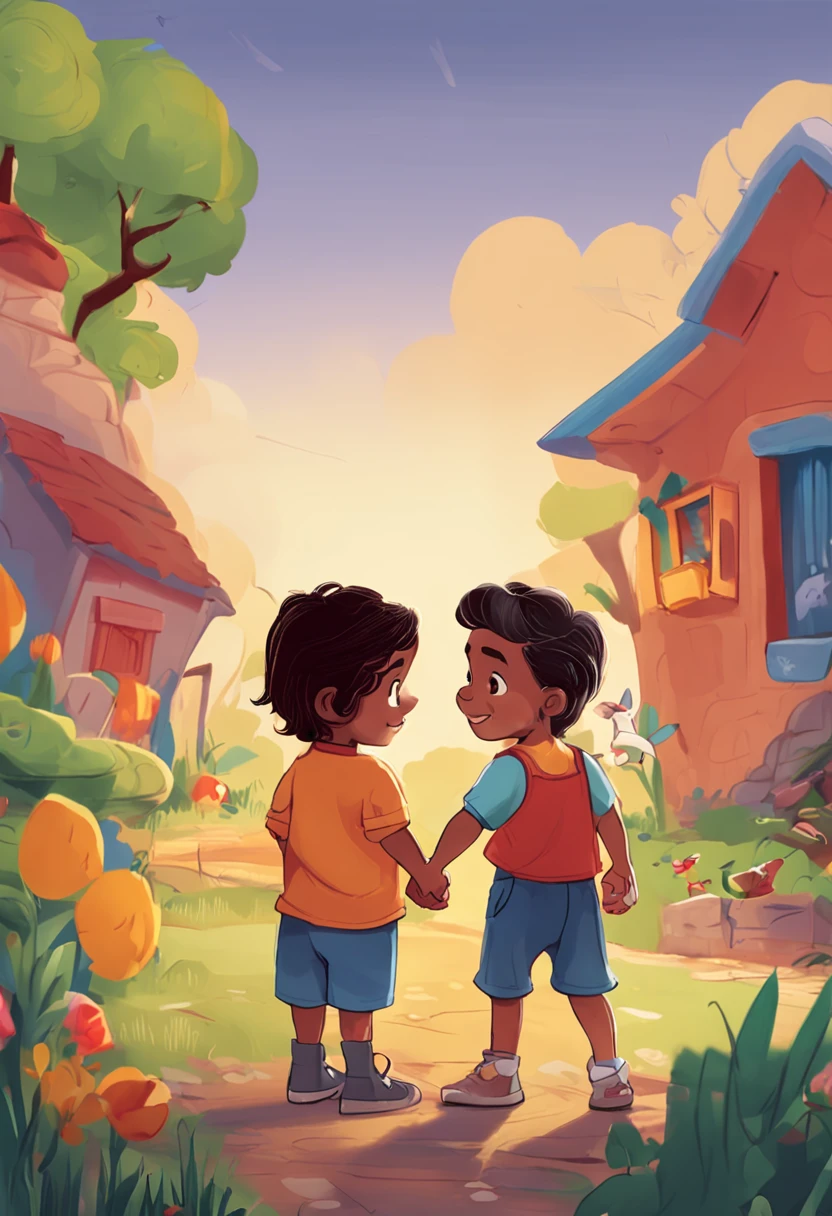 Boy: Miguel, approximately 5 , short Disney style hair, brown eyes and smiling. Girl: Giovana, 2 years oldack hair and blue eyes. Scenario: Miguel and Giovana are in a cozy little house in the valley, in the background a sunny day, highlighting the sun.
