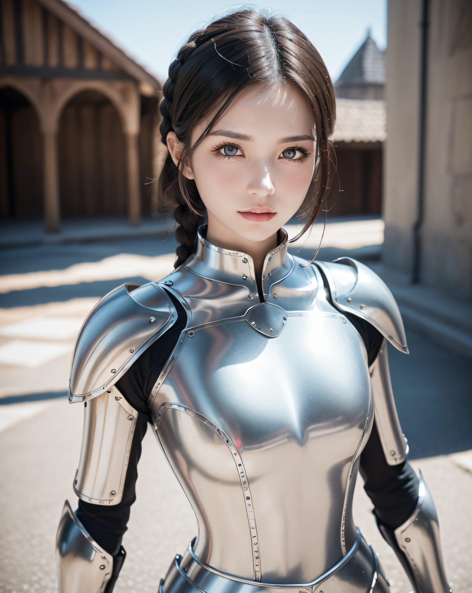 (masterpiece, best quality),(extremely intricate:1.3), (realistic), 1girl, milf, caucasian, green eyes, perfect eyes, perfect iris, perfect pupils, perfect lips,perfect nose, perfect hands, very detailed hands, perfect fingers, black hair, short hair, straight hair, small braid in her hair, (medieval armor), metal reflections, (((silver armor))), outdoors, far away castle, (ornately decorated armor), (insanely detailed, bloom:1.5), chainmail, intense sunlight, professional photograph of a stunning woman detailed, sharp focus, award winning, cinematic lighting, blurry background, upper body, ((confident)), (Pose:looking at the camera),mecha