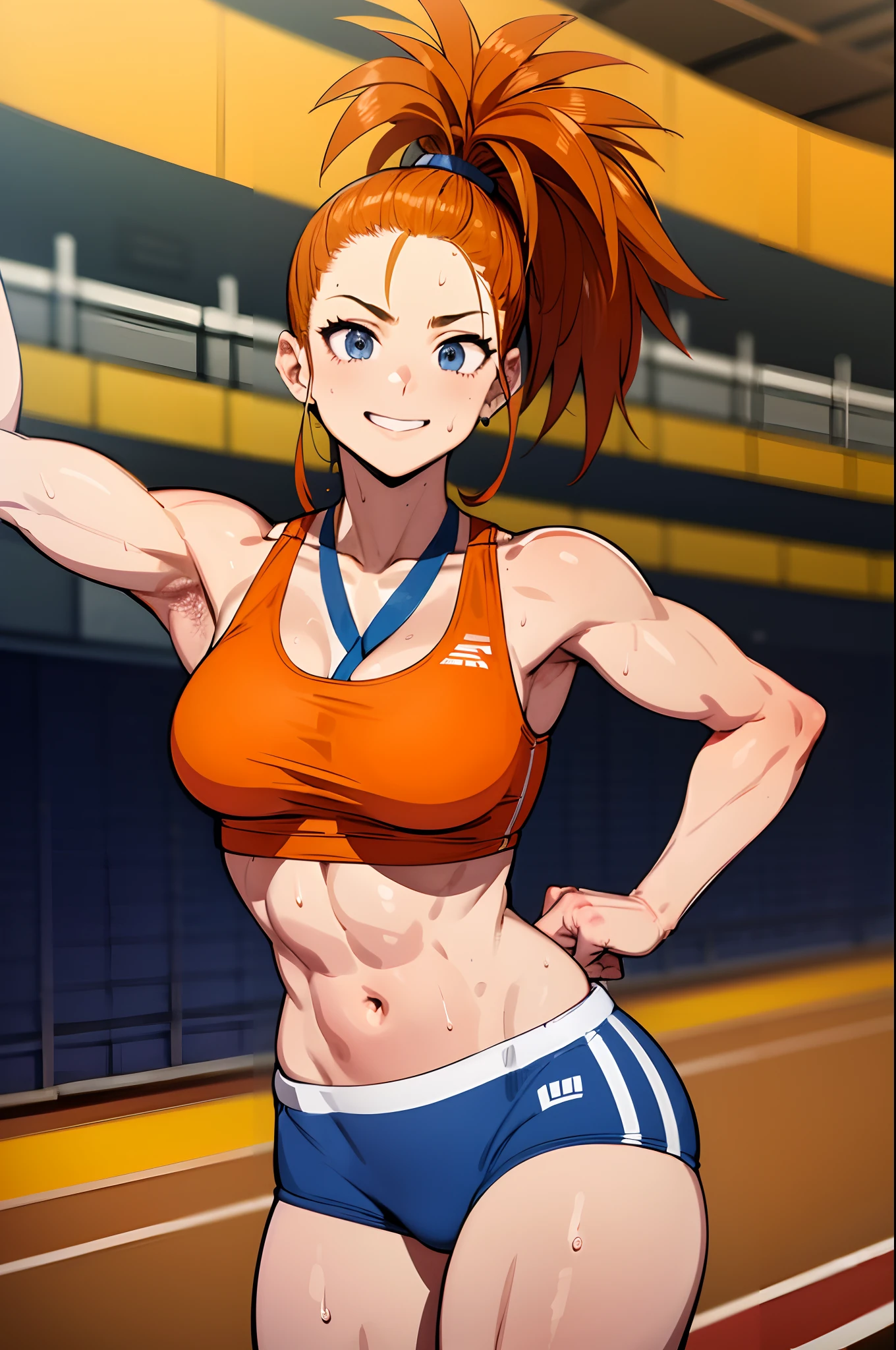 (track and field, Stadium:1.2), (rim lit), (Detailed face:1.1), 1girll, Solo, Smile, Captain Mizuki, one-punch man, A high resolution, Muscular female, Breasts, Orange hair, Sports bra, Upper body, High ponytail, Long hair, medal, Sweat, steams, steamed body, murata yuusuke