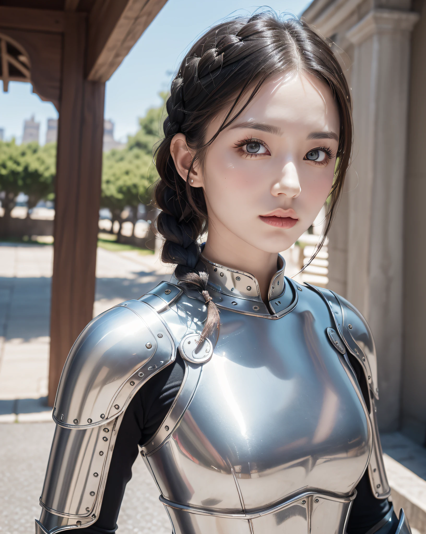 (masterpiece, best quality),(extremely intricate:1.3), (realistic), 1girl, milf, caucasian, green eyes, perfect eyes, perfect iris, perfect pupils, perfect lips,perfect nose, perfect hands, very detailed hands, perfect fingers, black hair, short hair, straight hair, small braid in her hair, (medieval armor), metal reflections, (((silver armor))), outdoors, far away castle, (ornately decorated armor), (insanely detailed, bloom:1.5), chainmail, intense sunlight, professional photograph of a stunning woman detailed, sharp focus, award winning, cinematic lighting, blurry background, upper body, ((confident)), (Pose:looking at the camera),mecha