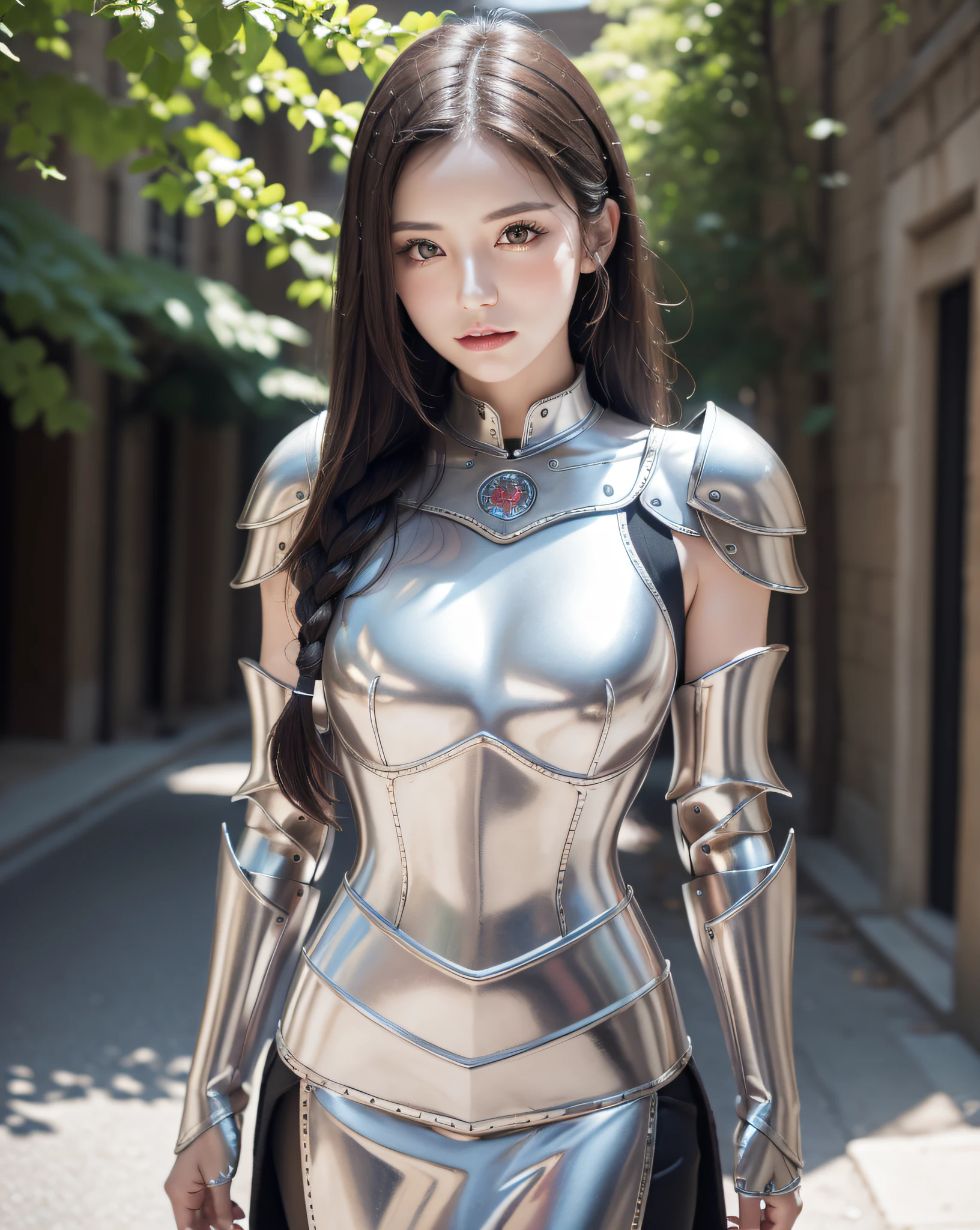 (masterpiece, best quality),(extremely intricate:1.3), (realistic), 1girl, milf, caucasian, green eyes, perfect eyes, perfect iris, perfect pupils, perfect lips,perfect nose, perfect hands, very detailed hands, perfect fingers, black hair, short hair, straight hair, small braid in her hair, (medieval armor), metal reflections, (((silver armor))), outdoors, far away castle, (ornately decorated armor), (insanely detailed, bloom:1.5), chainmail, intense sunlight, professional photograph of a stunning woman detailed, sharp focus, award winning, cinematic lighting, blurry background, upper body, ((confident)), (Pose:looking at the camera),mecha