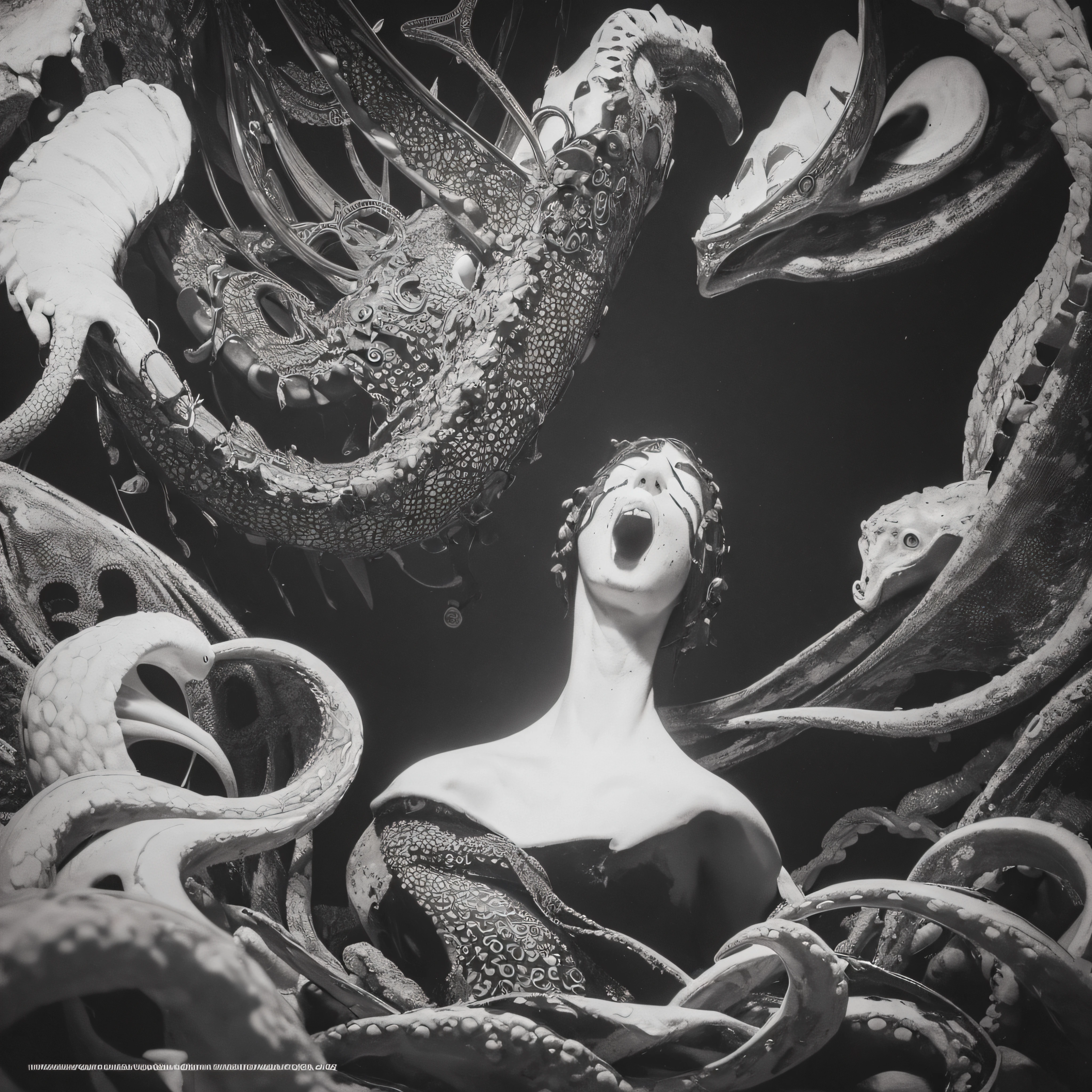 (extremadamente detallado, obra maestra, La mejor calidad, Under the Ocean), Estilo oscuro, volumetric illumination. armadura medieval, rostro con arrugas, lengua larga, tentacle, deforme, imagen submarina vista desde el exterior, pico de pulpo amenazante. manchas de tinta. Rococo composition. Luz de caravaggio